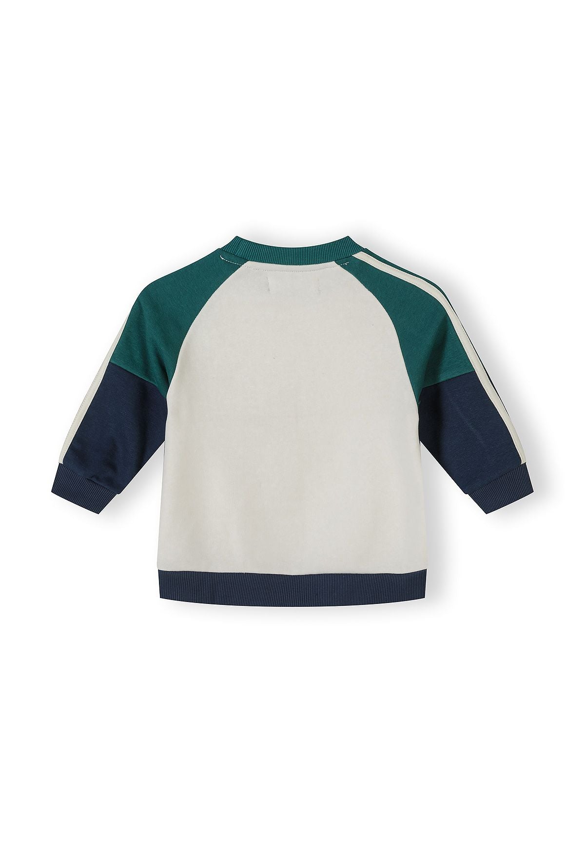 Boys' navy tracksuit sweatshirt back view with contrasting panels and ribbed cuffs.