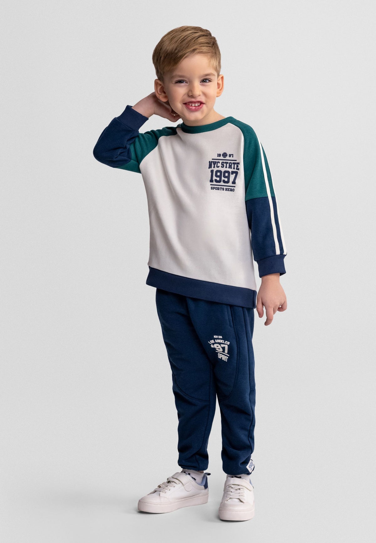 Cream, navy and green sweatshirt and joggers set, full set worn front.