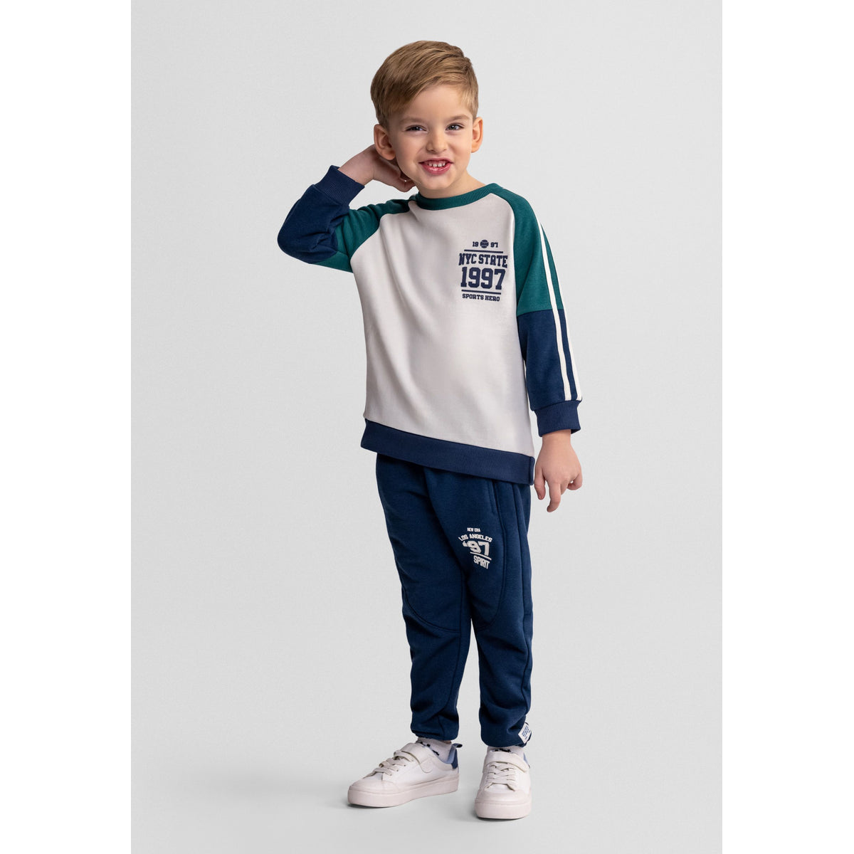 Boys' sweatshirt and joggers set in cream, navy and green — complete product view for square Shop card