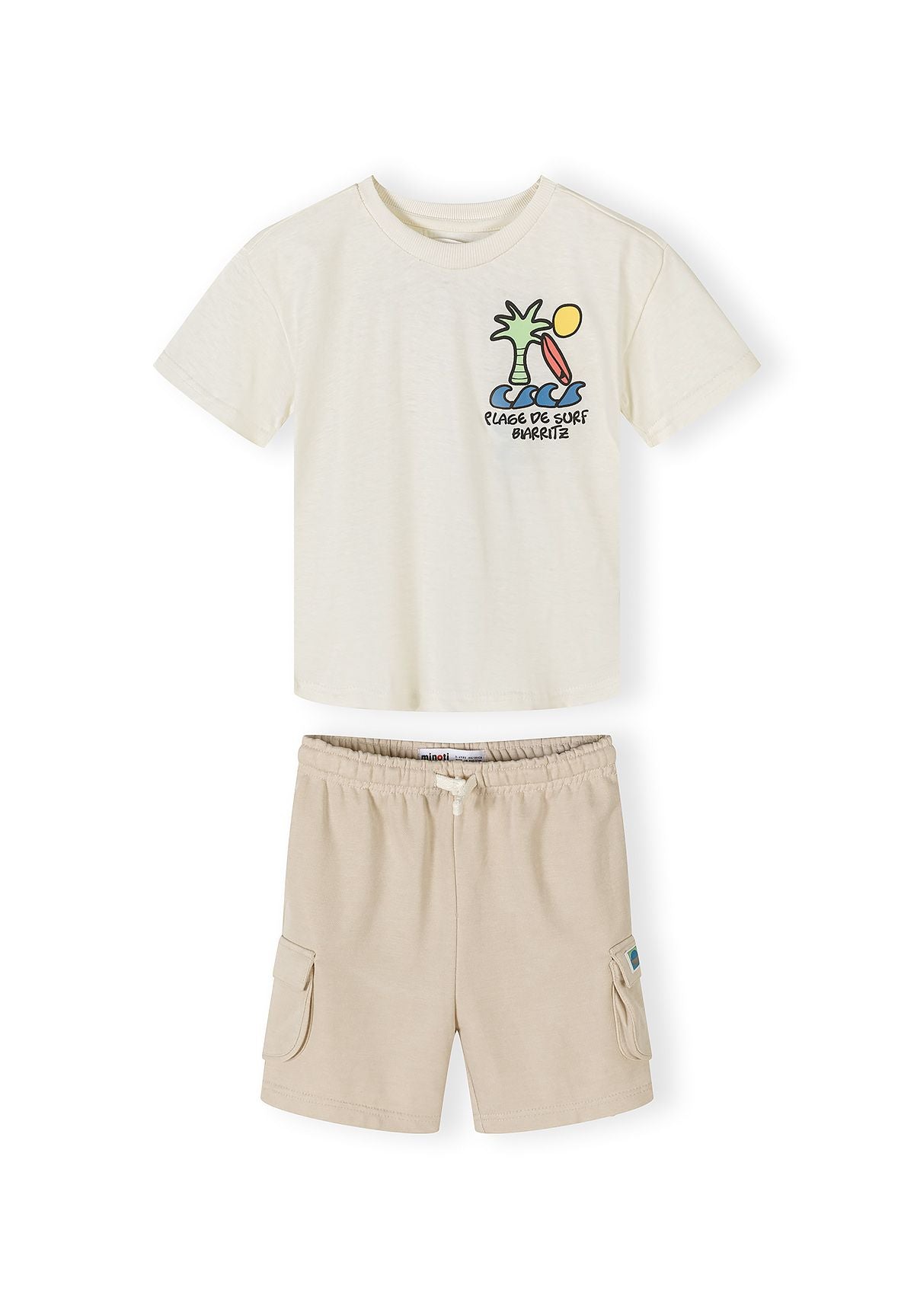Boys' two-piece outfit with a short sleeve t-shirt and combat shorts, featuring a crew neck and cargo pockets.