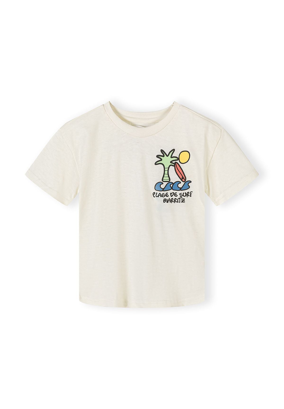 Boys' short sleeve t-shirt in beige with a colorful beach graphic.