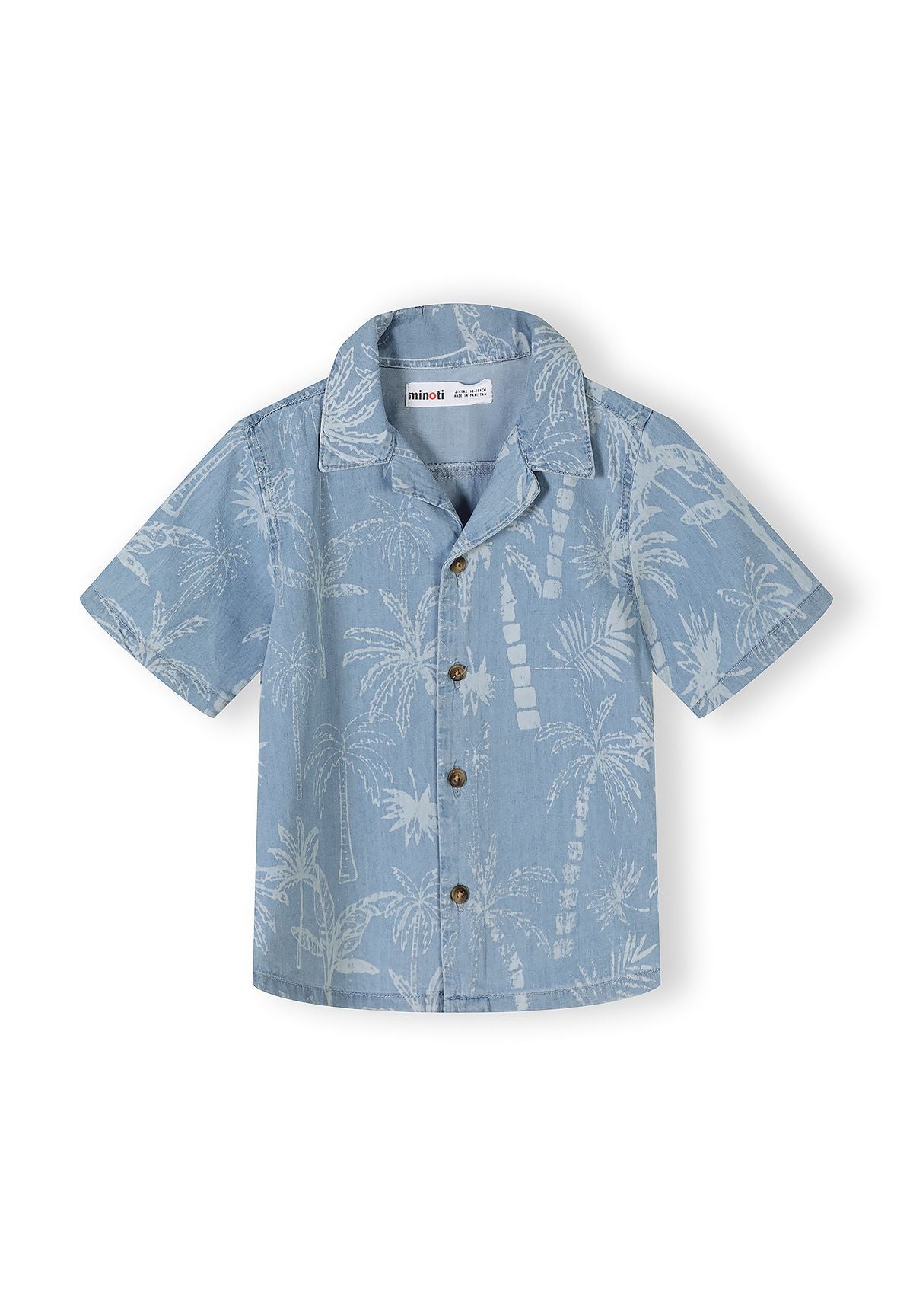 Boys short sleeve shirt in light blue with palm tree print, button-down front and classic collar.