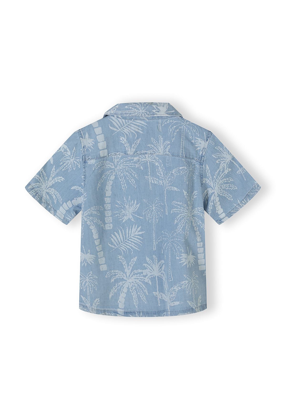 Boys medium blue short sleeve shirt with palm print, back view, features a classic collar and hemmed sleeves.