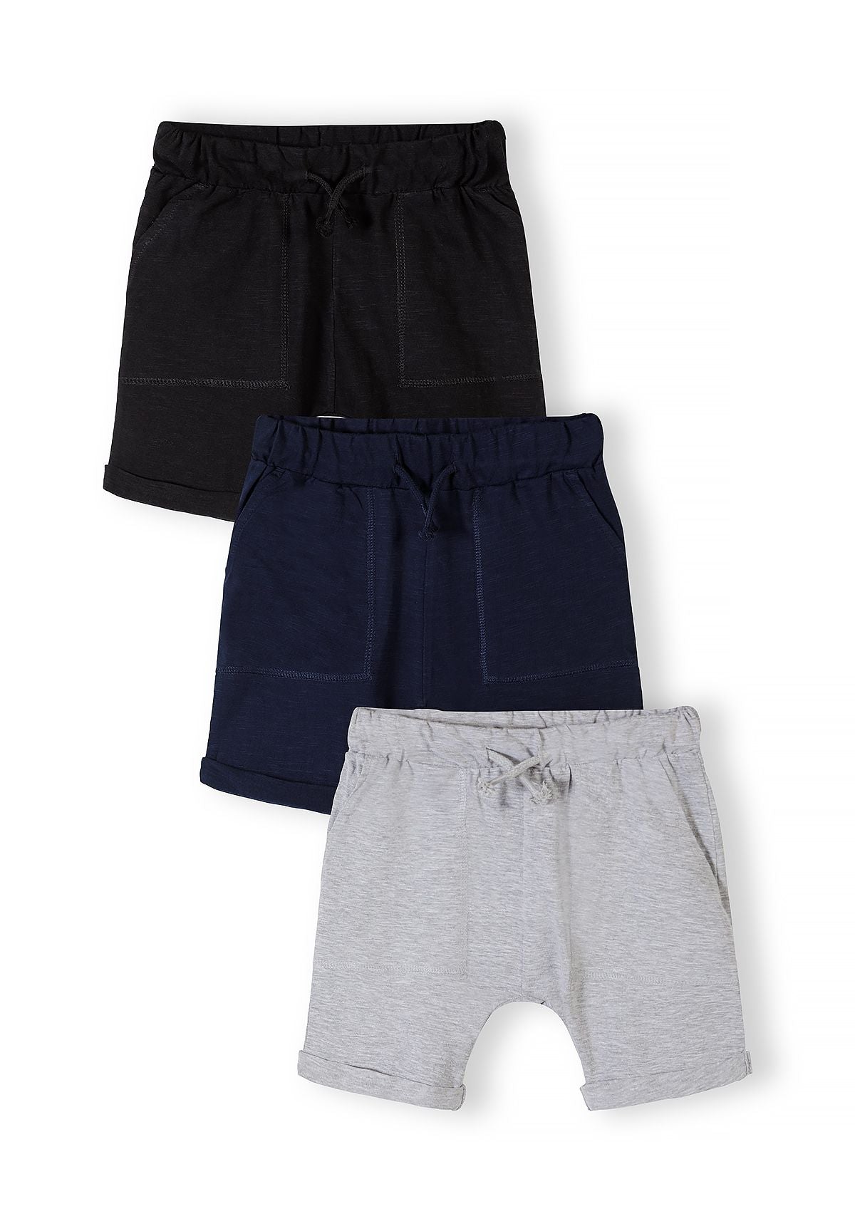 Black, navy and grey marl jersey shorts, three fronts.