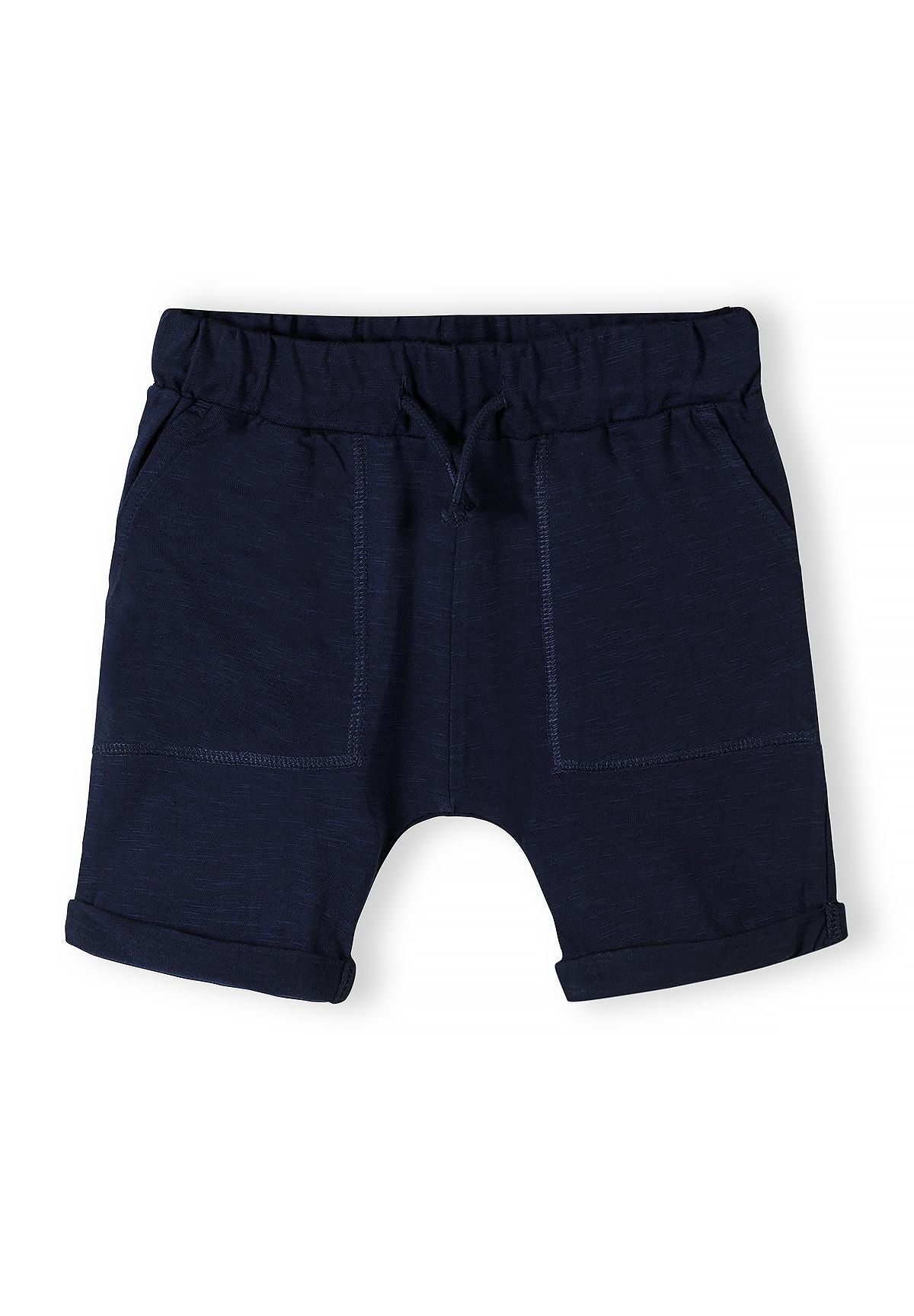 Navy boys' shorts with elasticated waistband and two side pockets, front view.