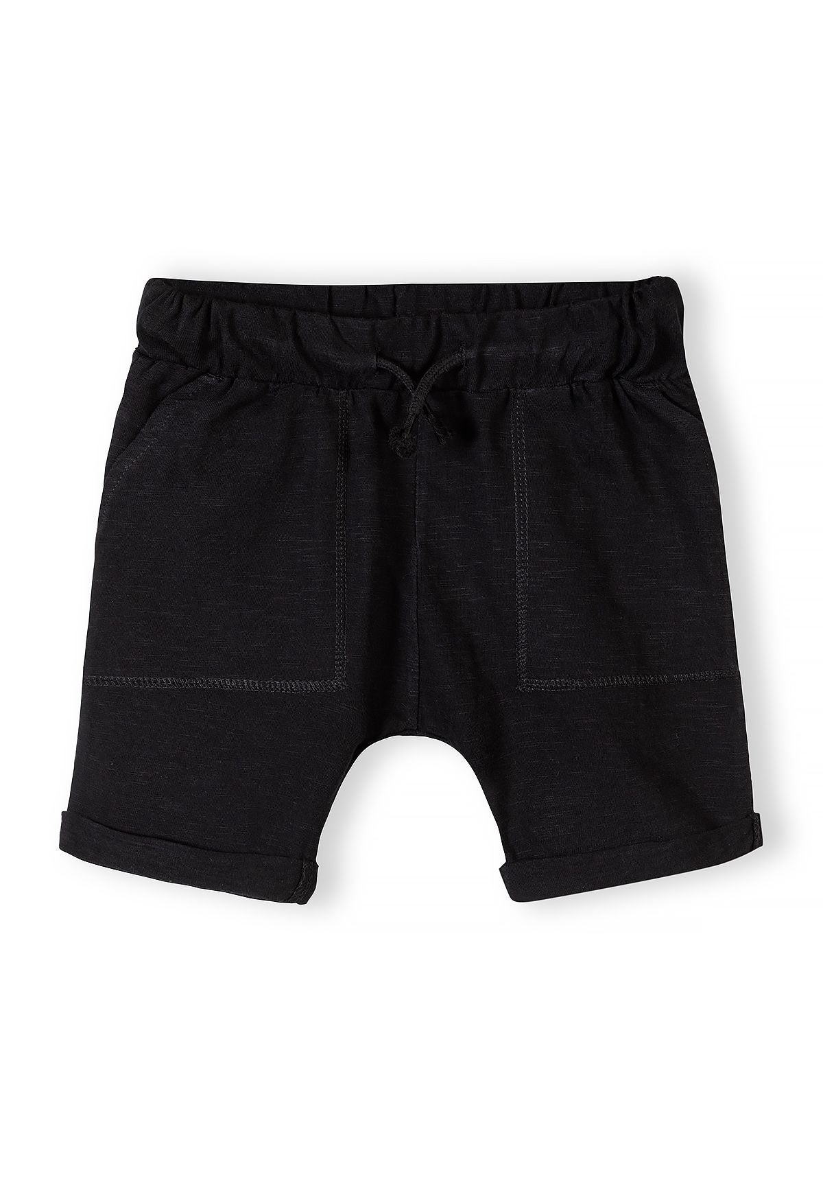 Black boys' shorts with elasticated waistband and two side pockets, front view.