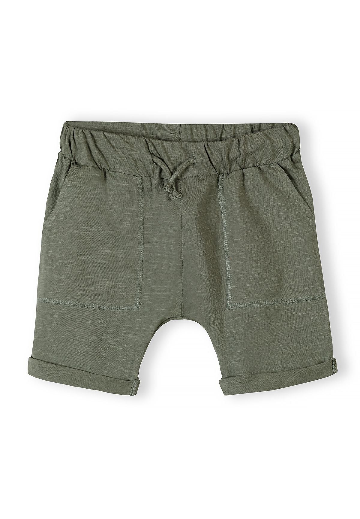 Boys' cotton jersey shorts in green, front view with adjustable drawstring waistband and side pockets.