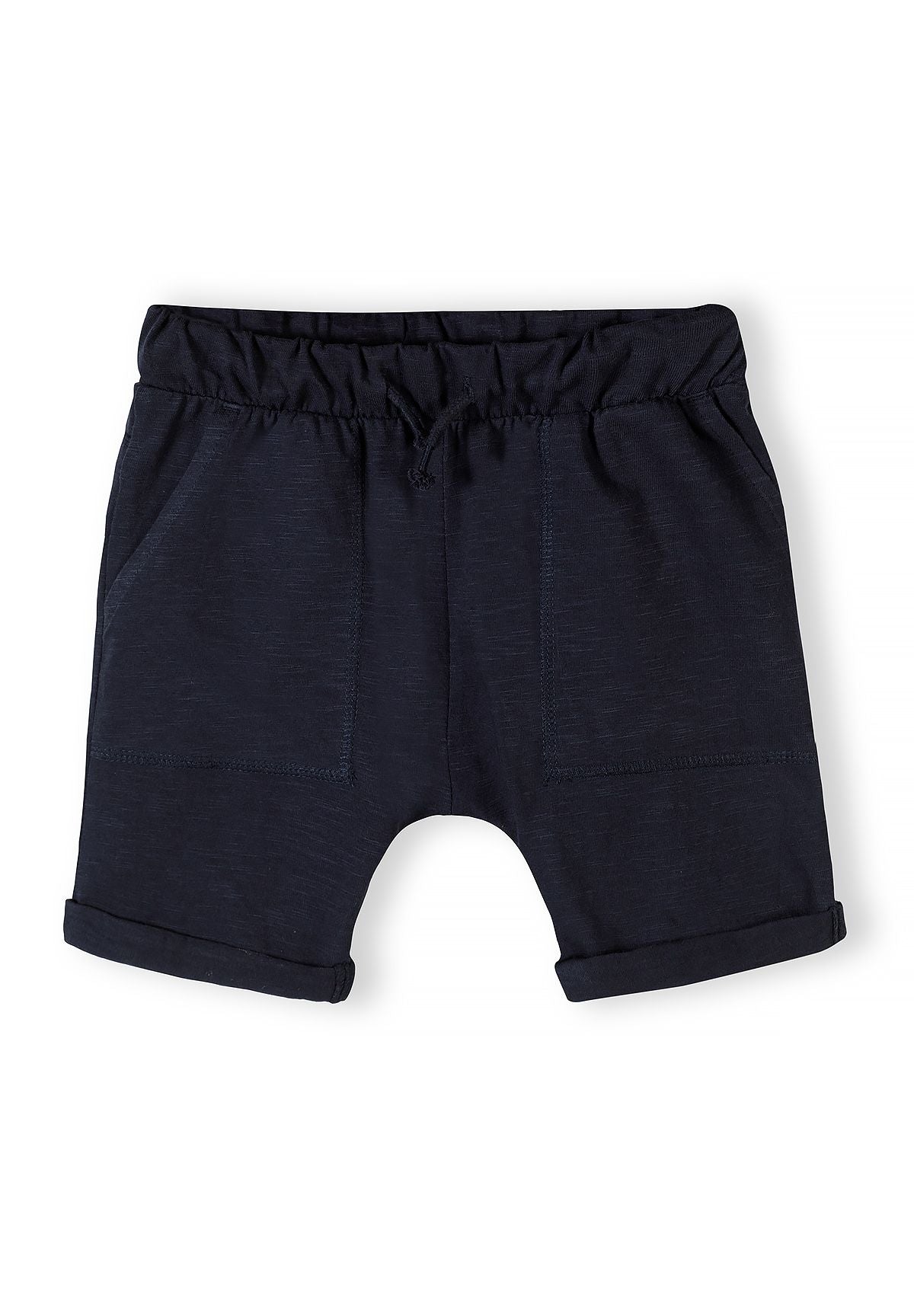 Boys' black jersey shorts, front view, featuring an adjustable drawstring waistband and side pockets.