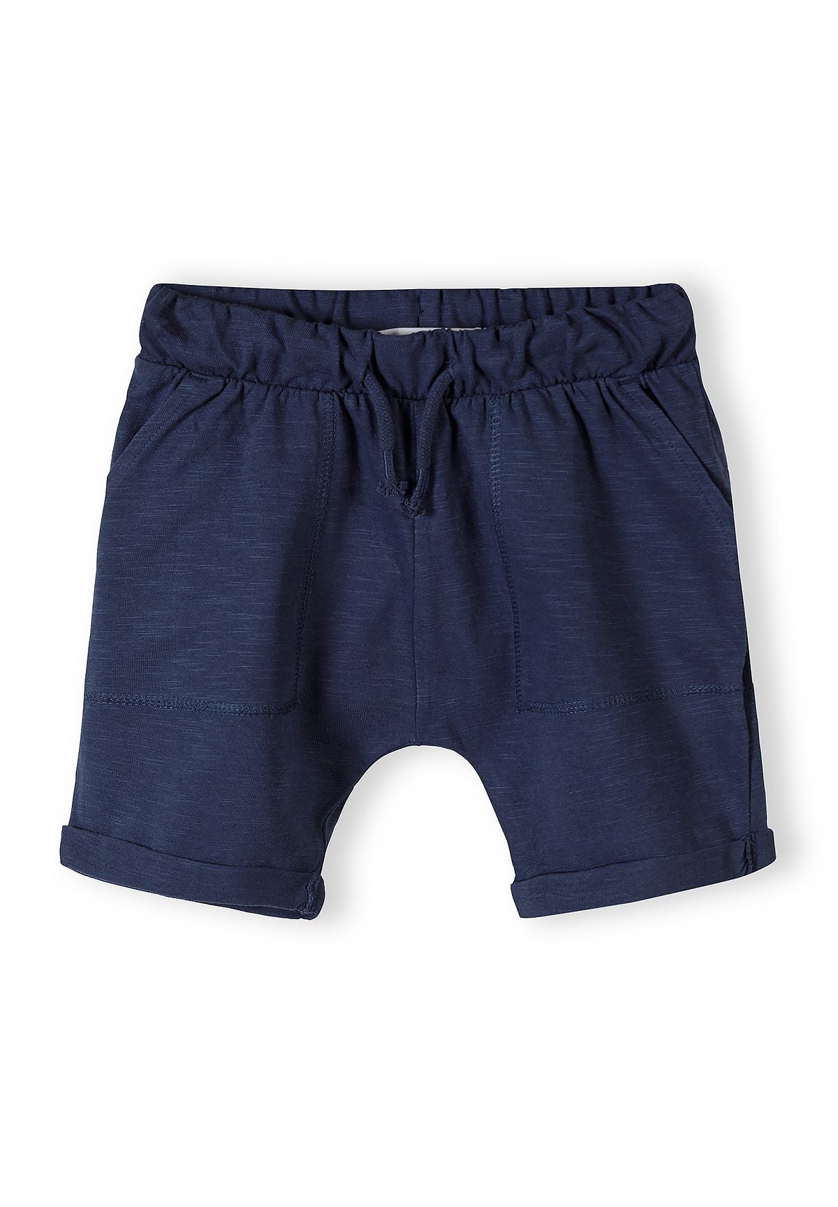 Boys' navy blue shorts, front view, featuring elasticated waistband and two side pockets.