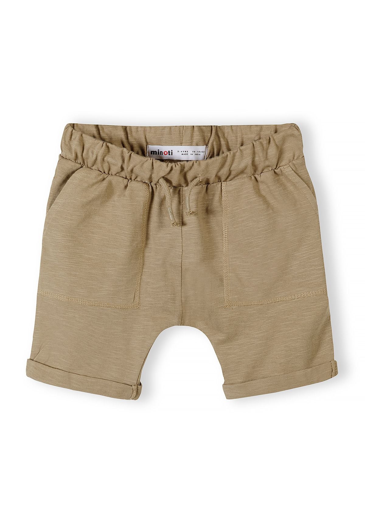 Detail of boys' camel cotton shorts with elasticated waistband and two side pockets.