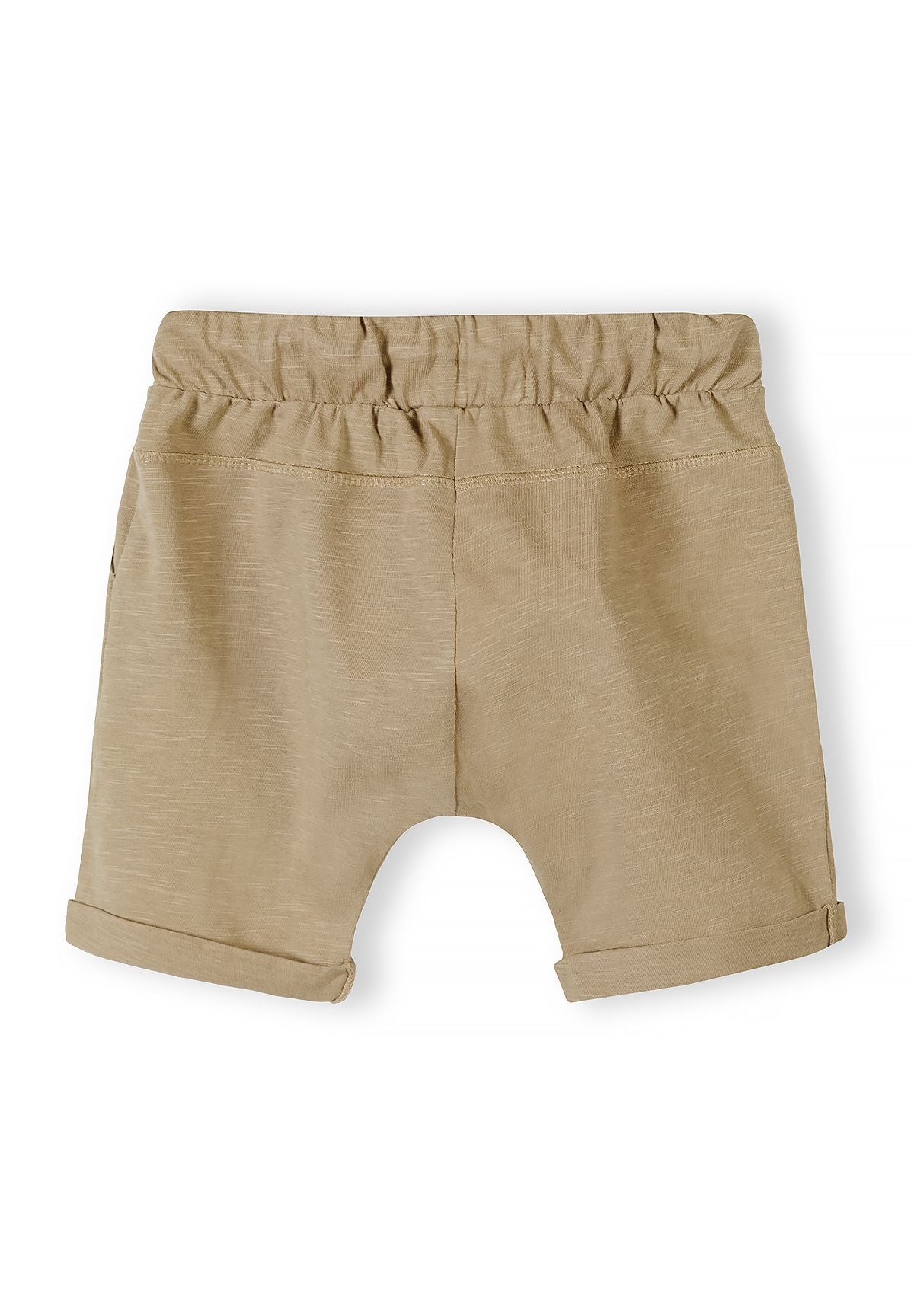 Boys' camel shorts, back view with elasticated waistband and rolled cuffs.