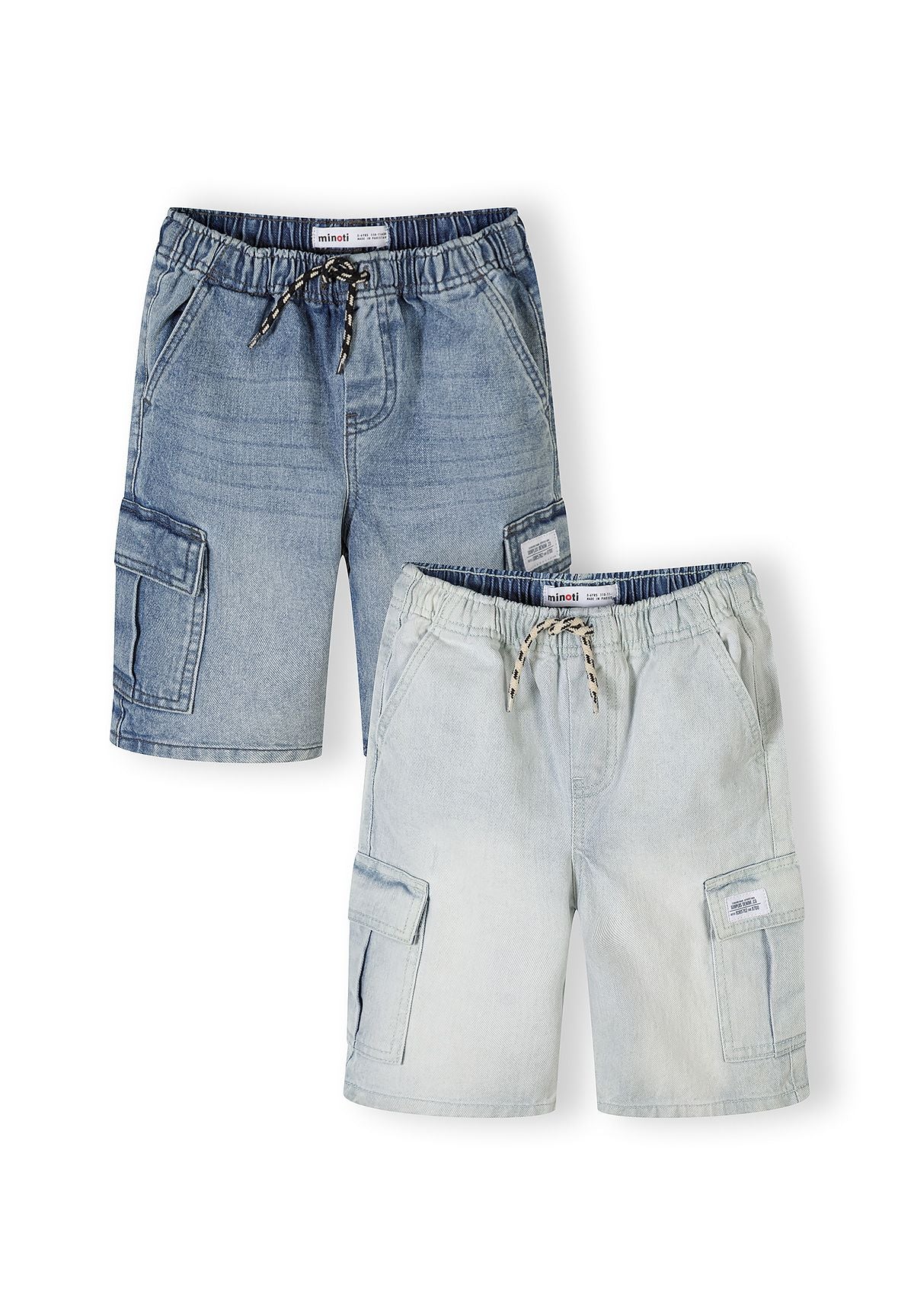 Two pairs of light blue denim cargo shorts with elastic waistbands laid flat on white background, showing different wash tones