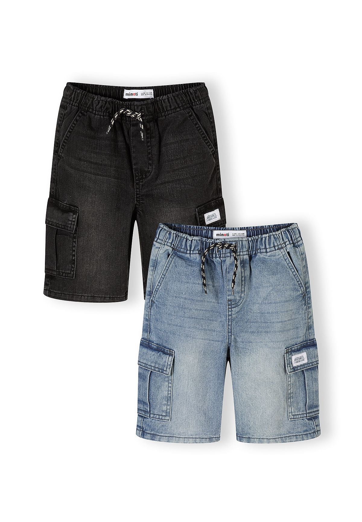 Flat lay of black denim cargo shorts showing elastic waistband and multiple cargo pockets on white background
