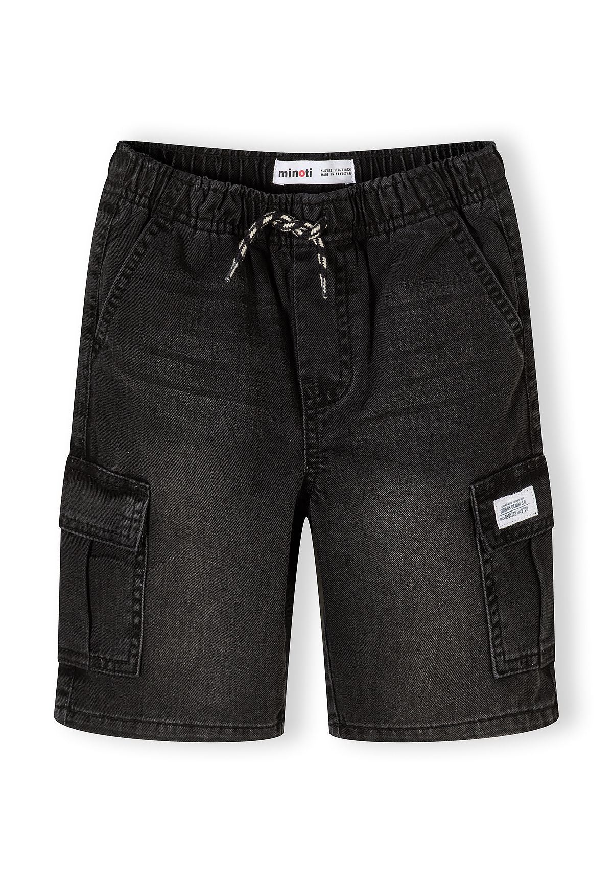 Boys black denim combat shorts, front view, featuring elasticated waistband and cargo pockets.