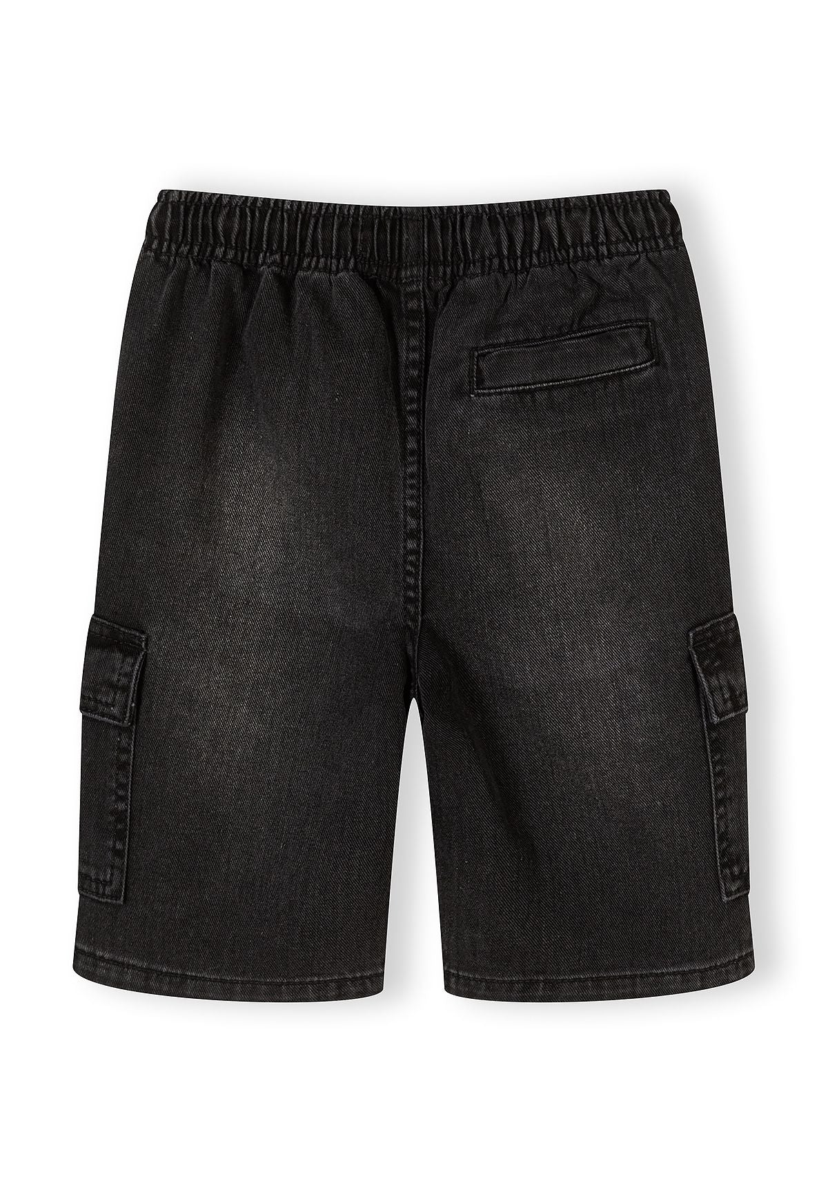 Boys black denim combat shorts, back view, featuring cargo pockets and elasticated waistband.