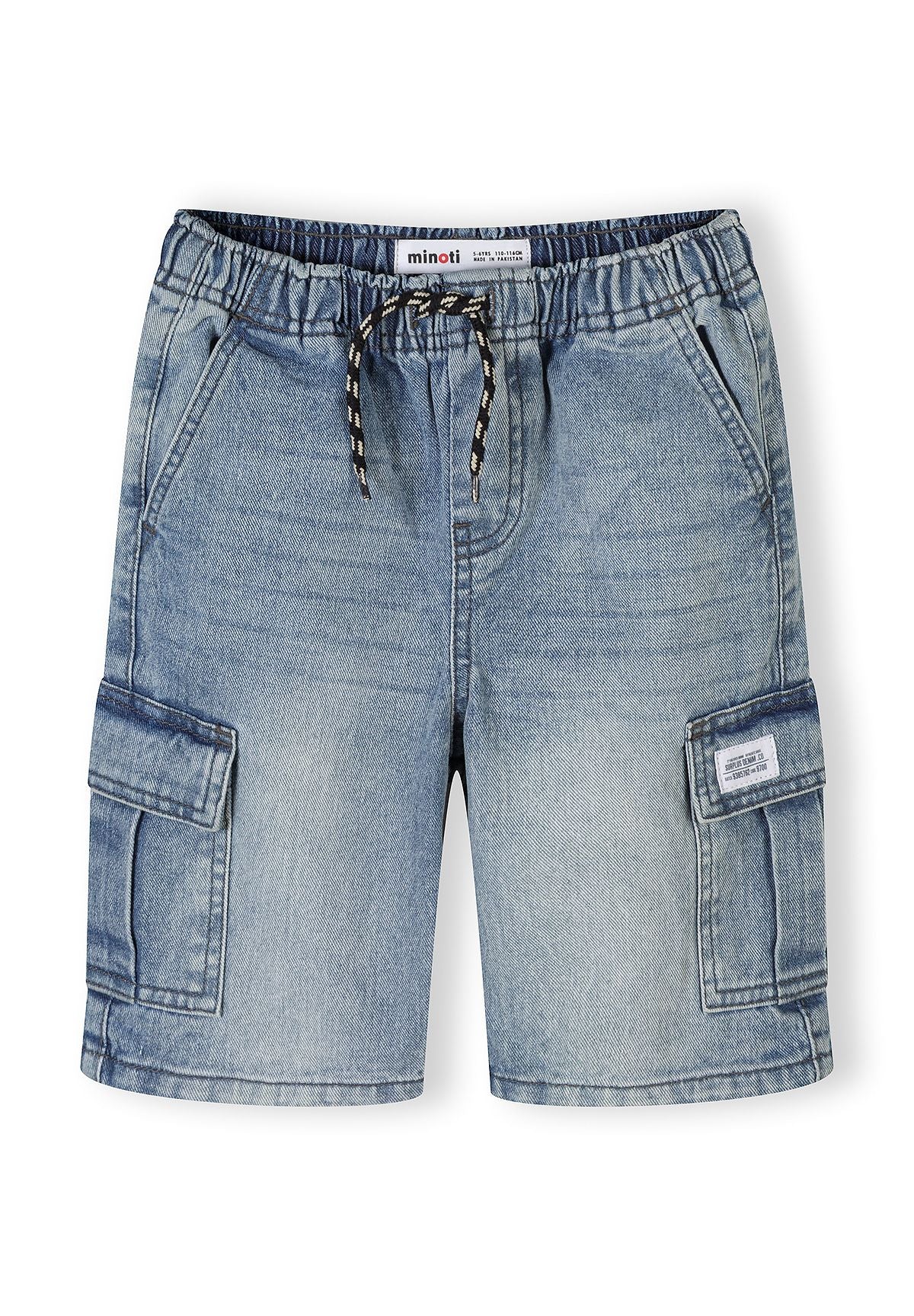 Boys denim combat shorts in light blue, front view with elasticated waistband and cargo pockets.