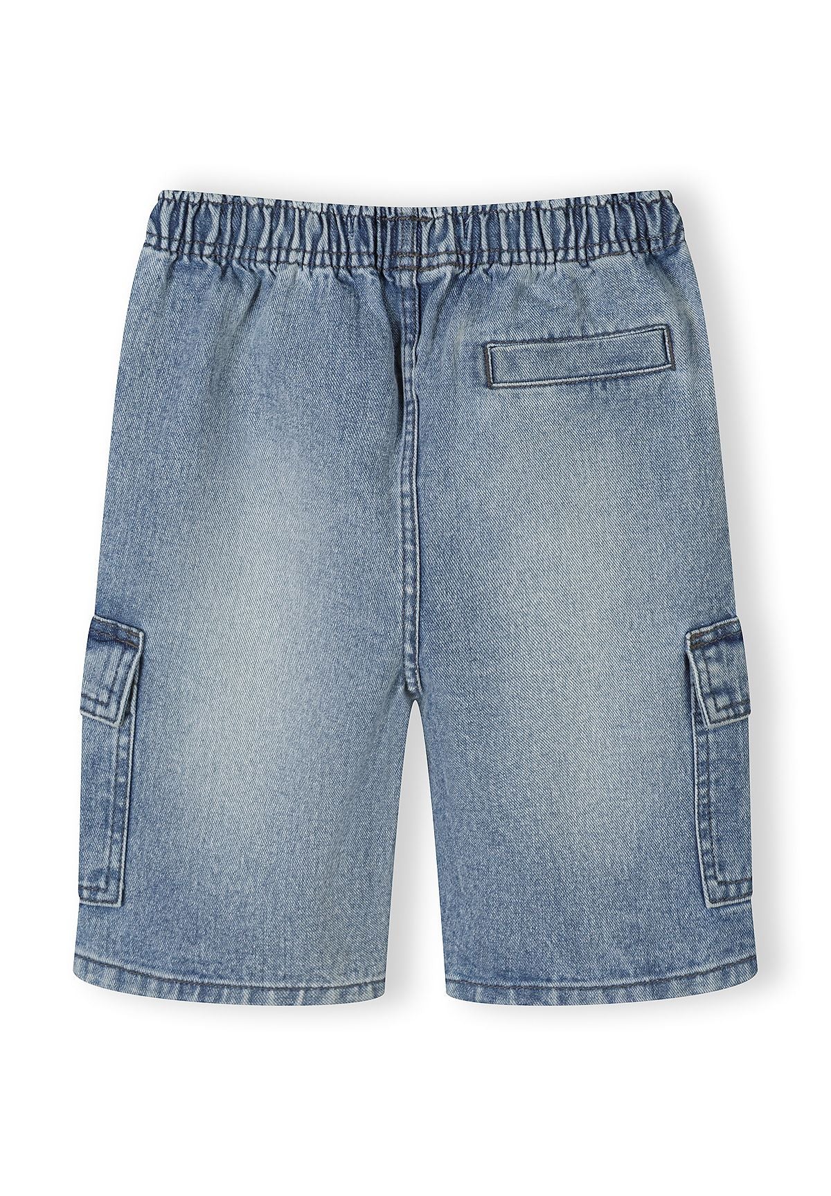 Boys denim combat shorts in blue, back view with elasticated waistband and cargo pockets.