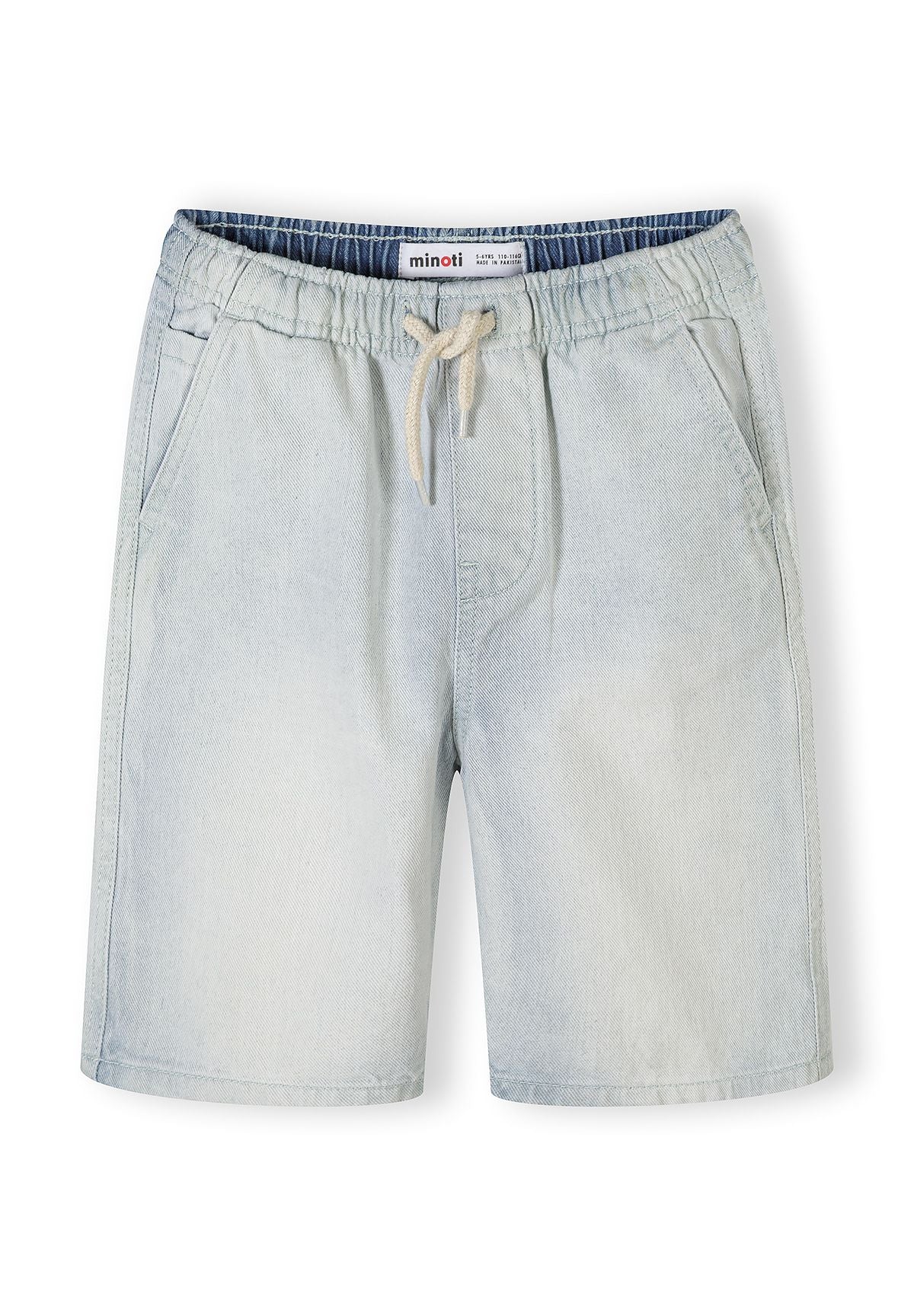 Single pair of medium blue denim shorts laid flat on white background, showing front view with elastic waistband, drawstring ties, and front pockets