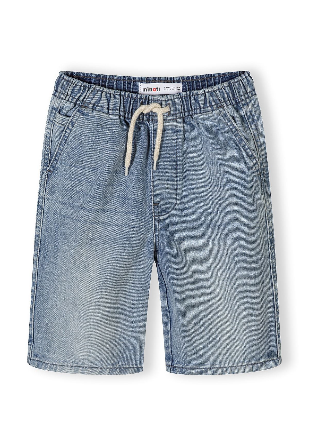 Single pair of medium blue denim shorts laid flat on white background, showing front view with elastic waistband, drawstring ties, and front pockets