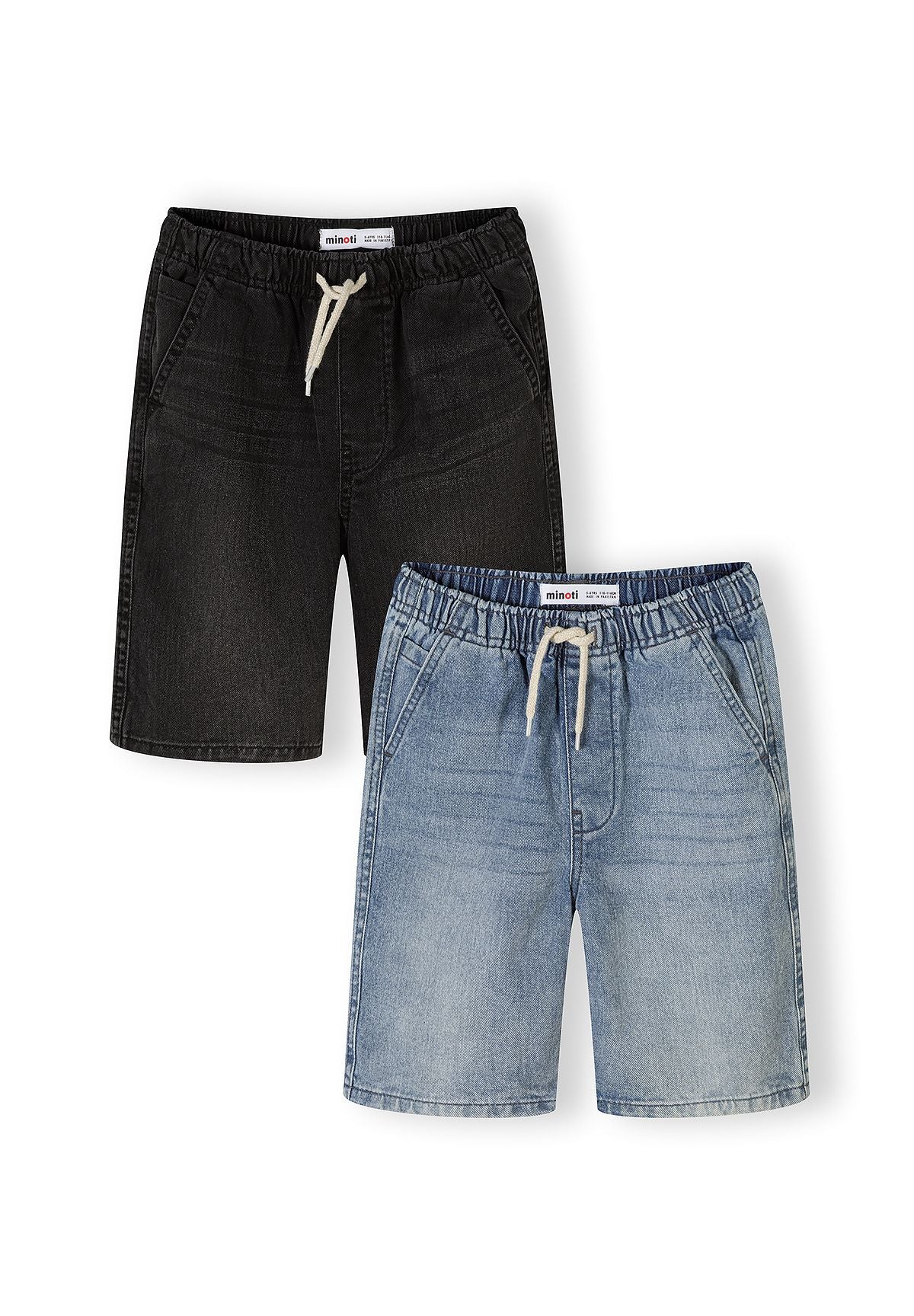 Two pairs of denim shorts displayed on white background - one black pair on top and one blue pair below, both featuring pull-on design with drawstring waists