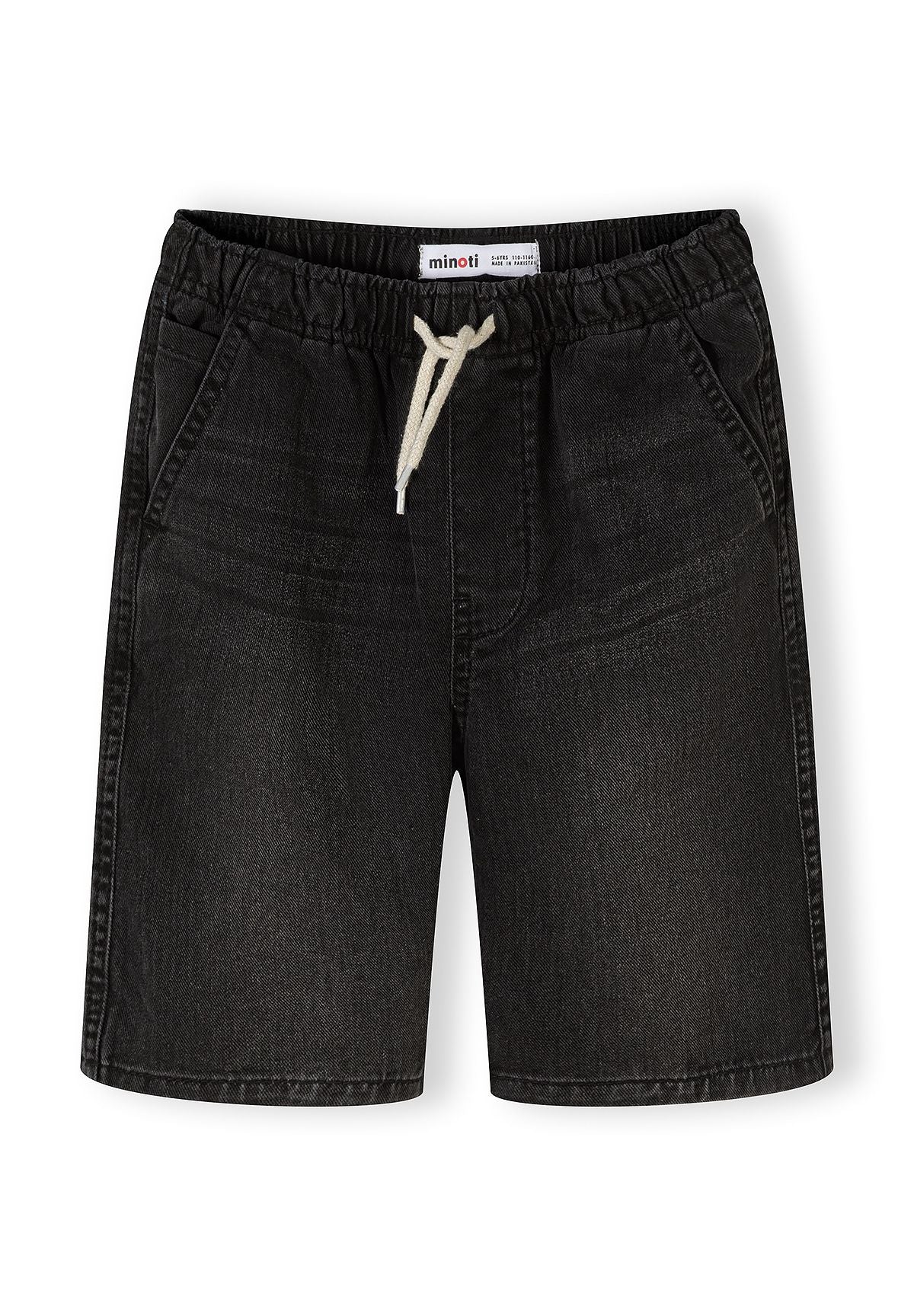 Single pair of light blue denim shorts shown on white background with elastic waistband and cream drawstring ties visible