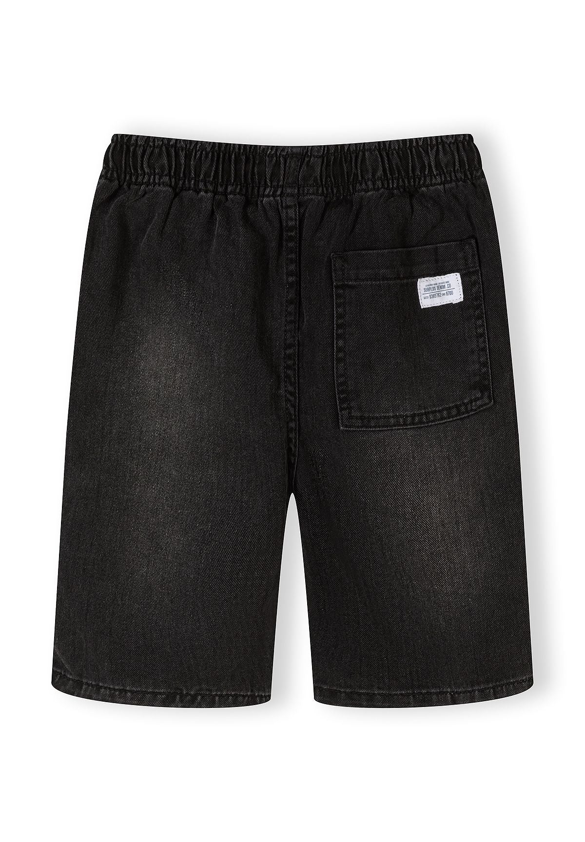 Back view of black denim shorts with elasticated waistband and side pocket.