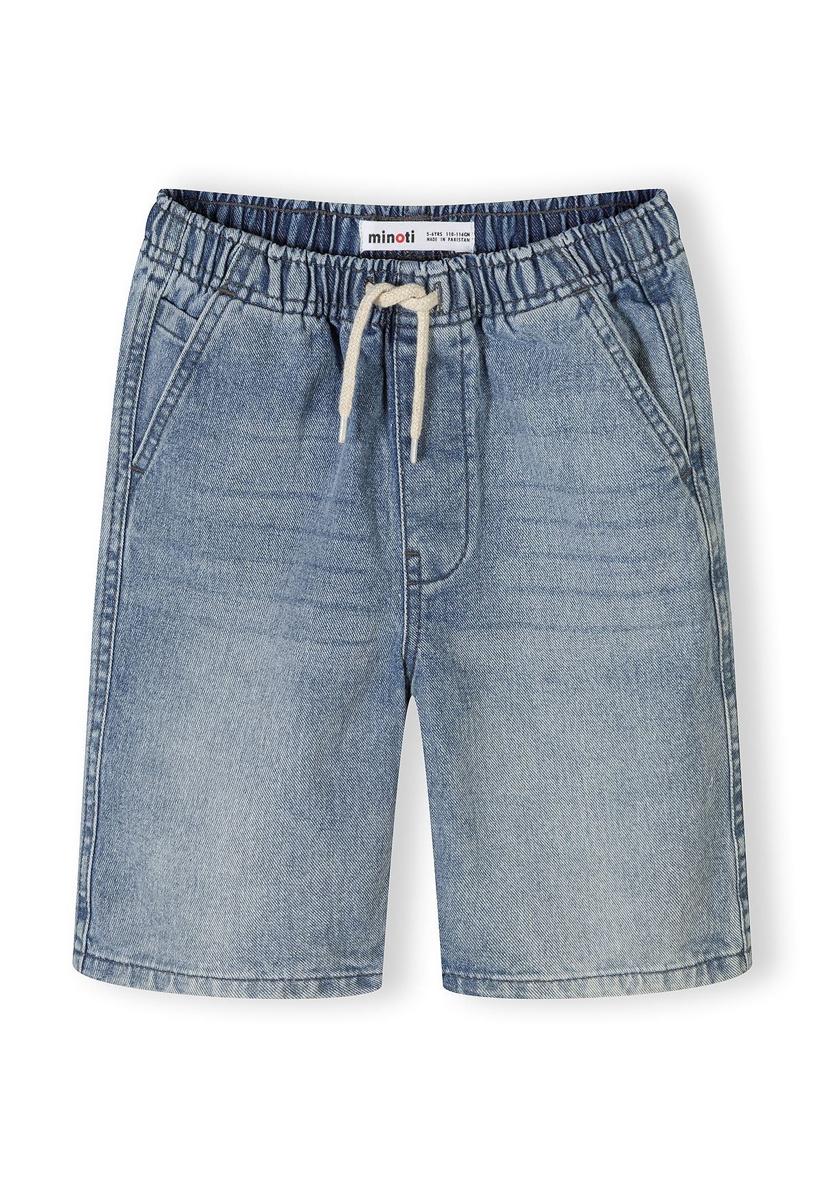 Detail of blue denim shorts with elasticated waistband and side pockets.