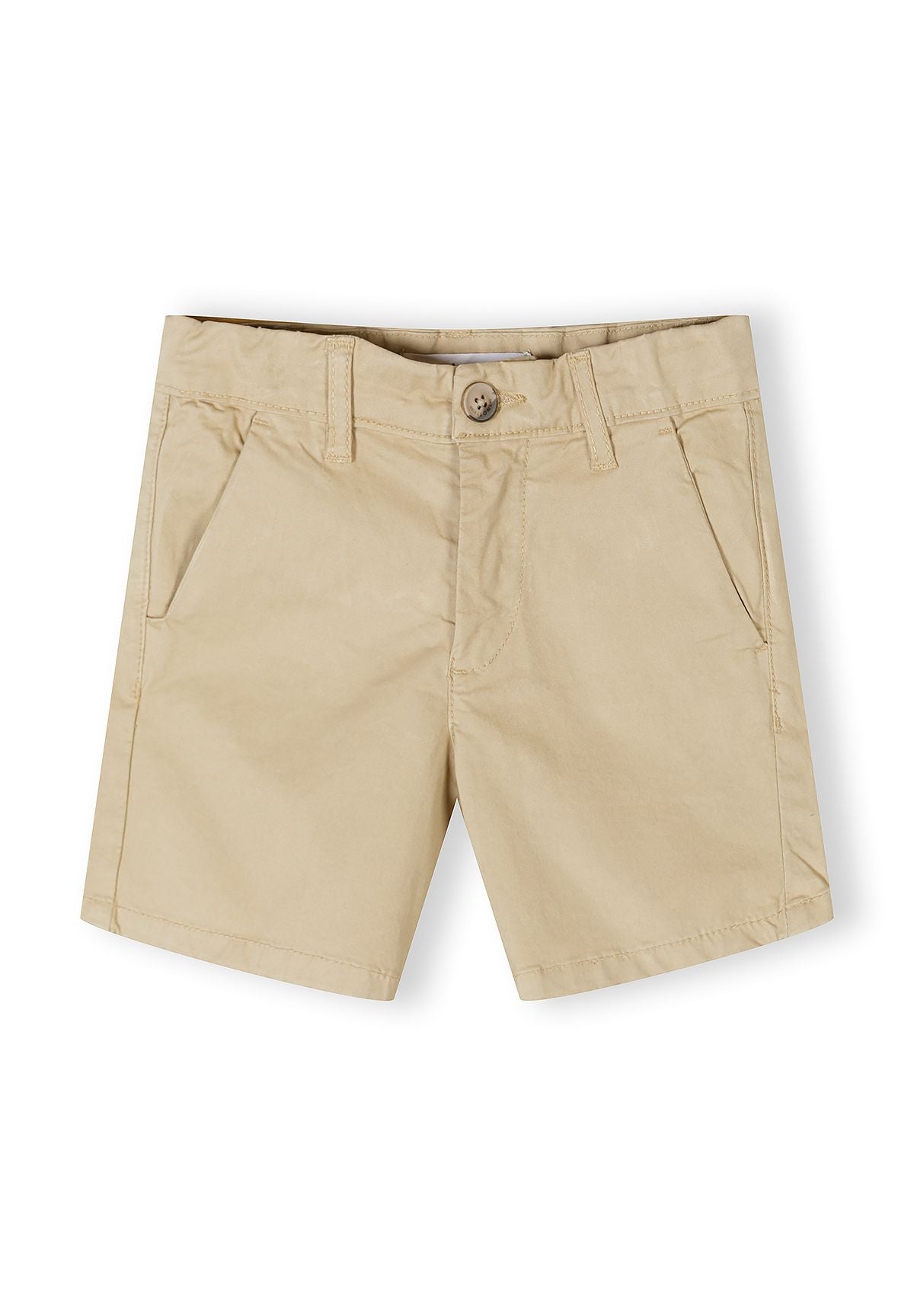 Boys chino shorts in stone color, front view, featuring button and zip fly, and two side pockets.