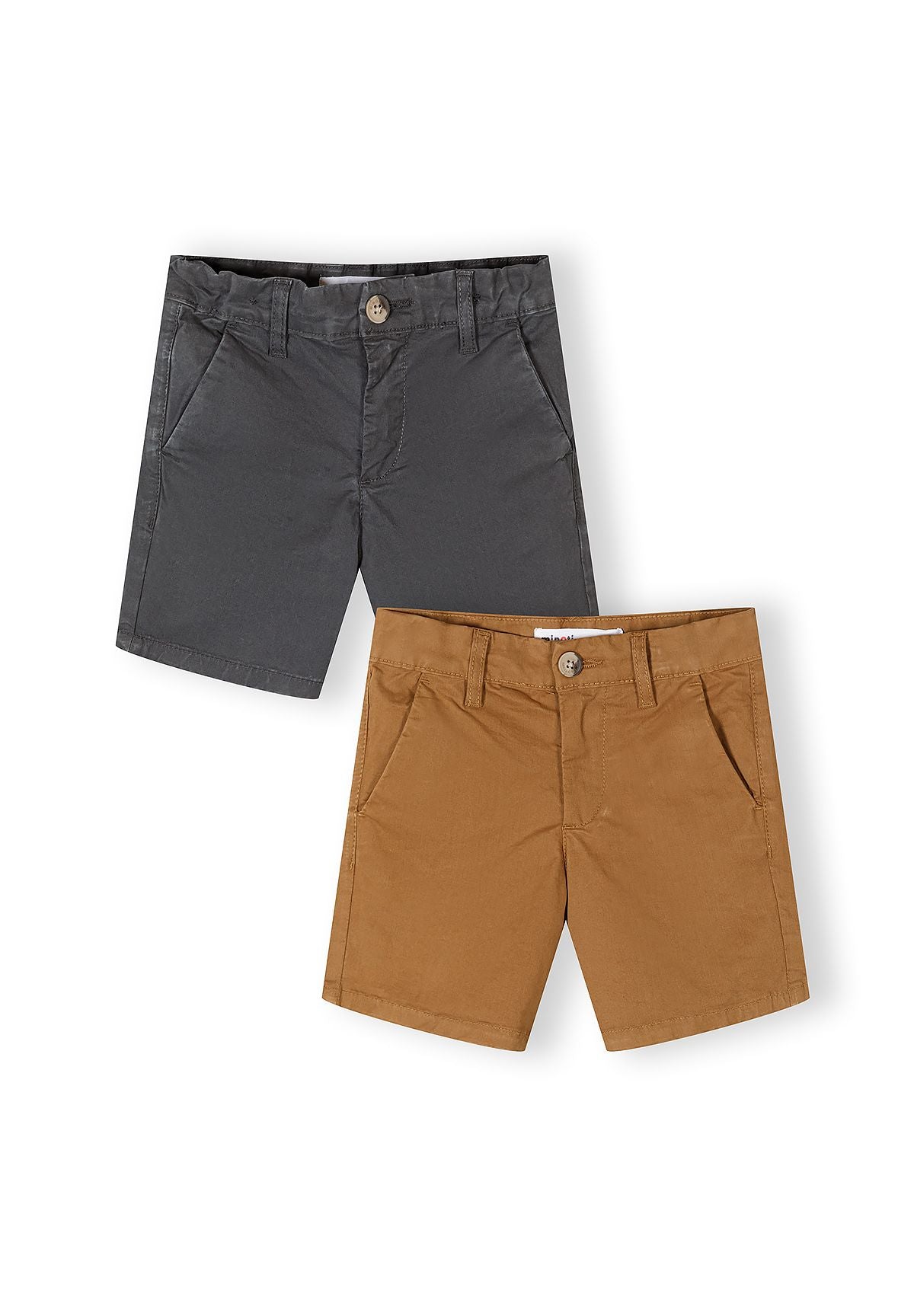 Boys chino shorts in sand and black, front view, featuring button and pockets.