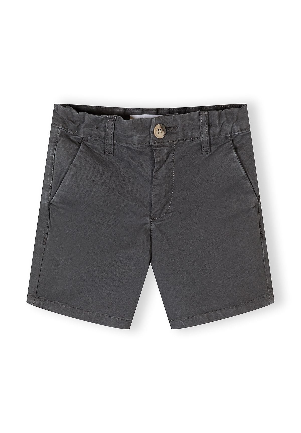 Boys chino shorts in black, front view with button and pockets.