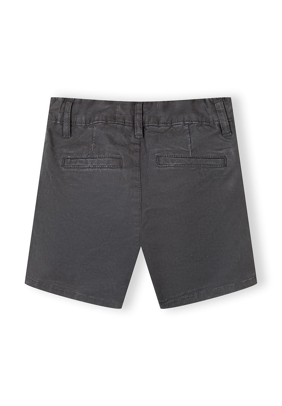 Boys' black chino shorts, back view, featuring belt loops and two back pockets.