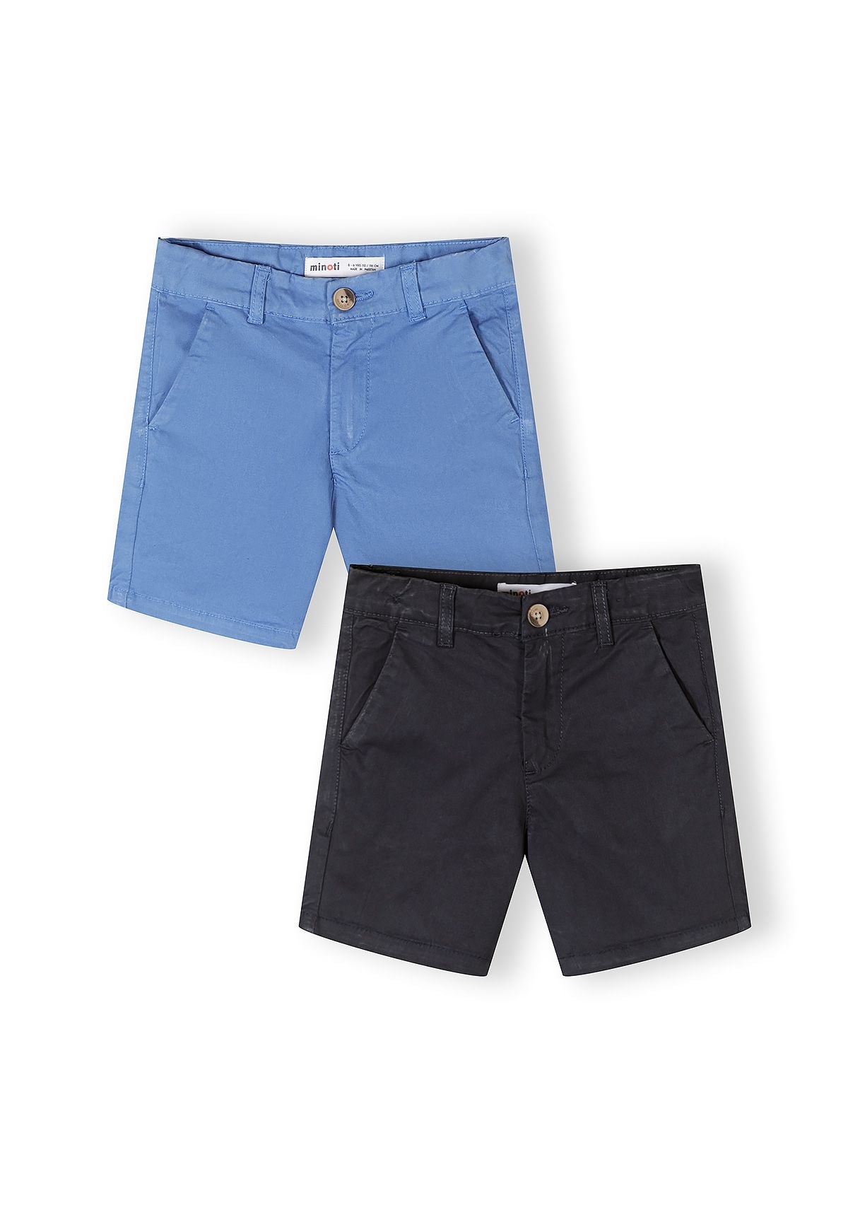 Boys chino shorts in blue and black, front view, featuring two side pockets and button closure.