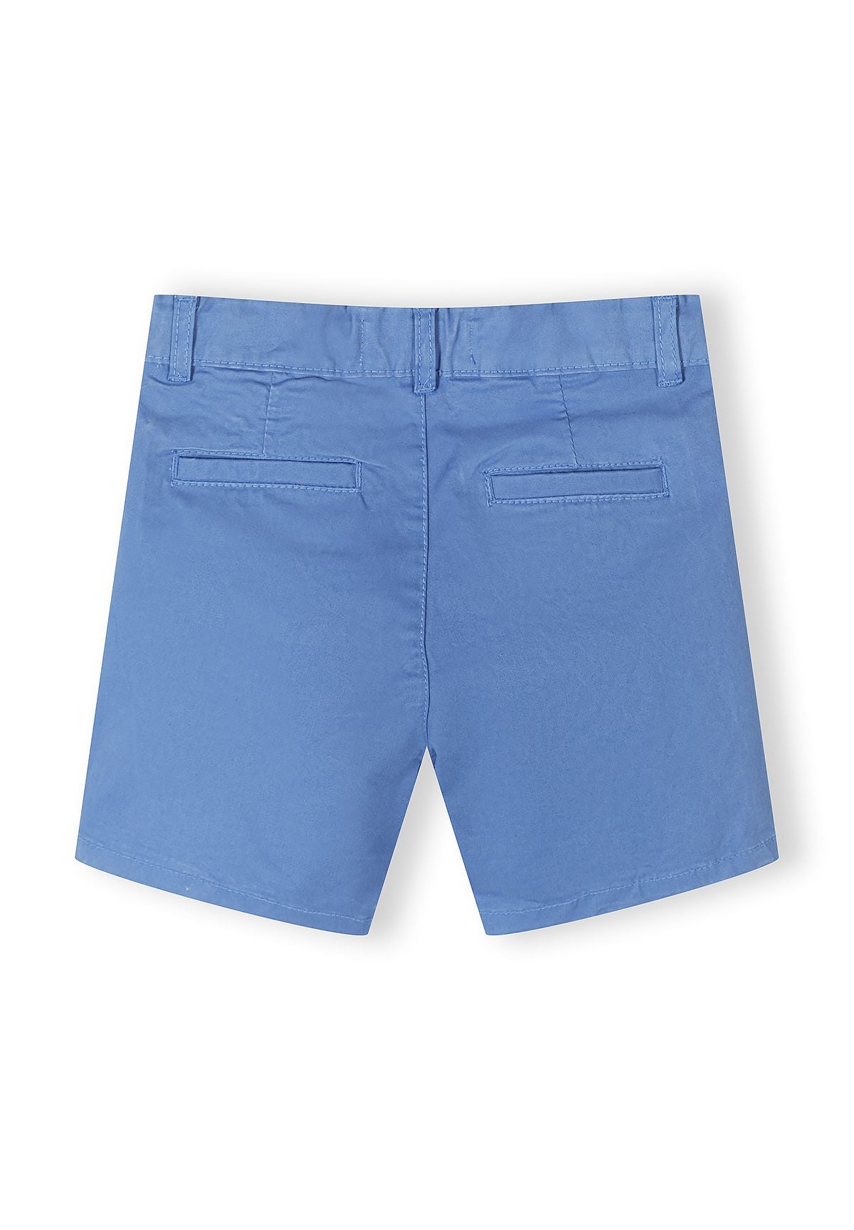 Boys navy chino shorts, back view with two pockets and belt loops.