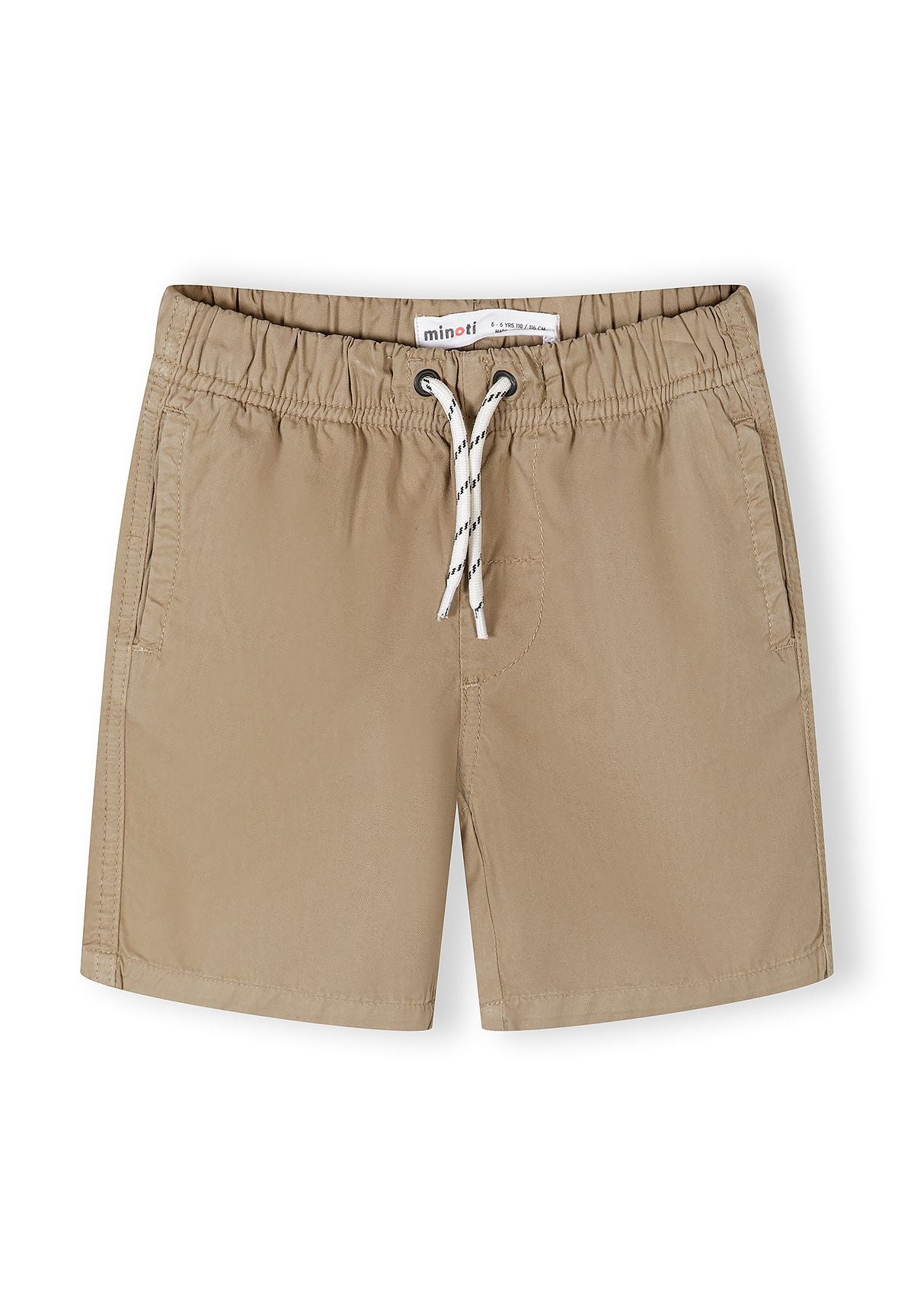 Boys' cotton shorts in sand color, front view, featuring an elastic waistband and two side pockets.