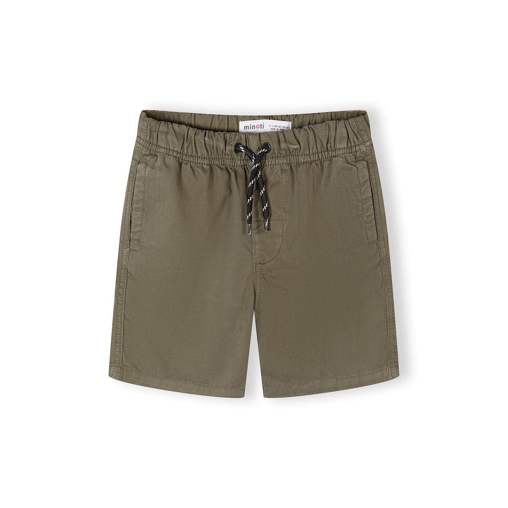 Navy blue cotton shorts with white drawstring tie and elastic waistband on white background