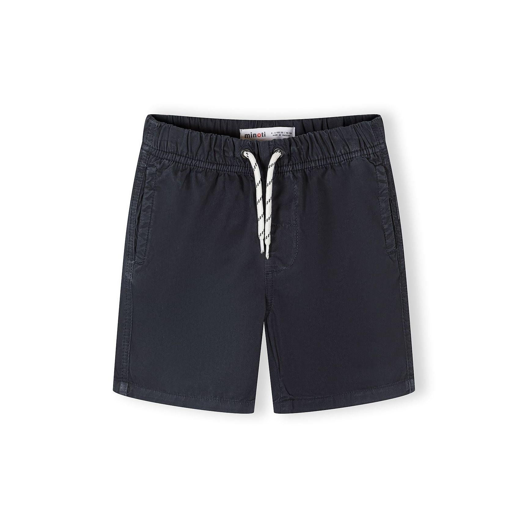 Navy blue cotton shorts with white drawstring tie and elastic waistband on white background