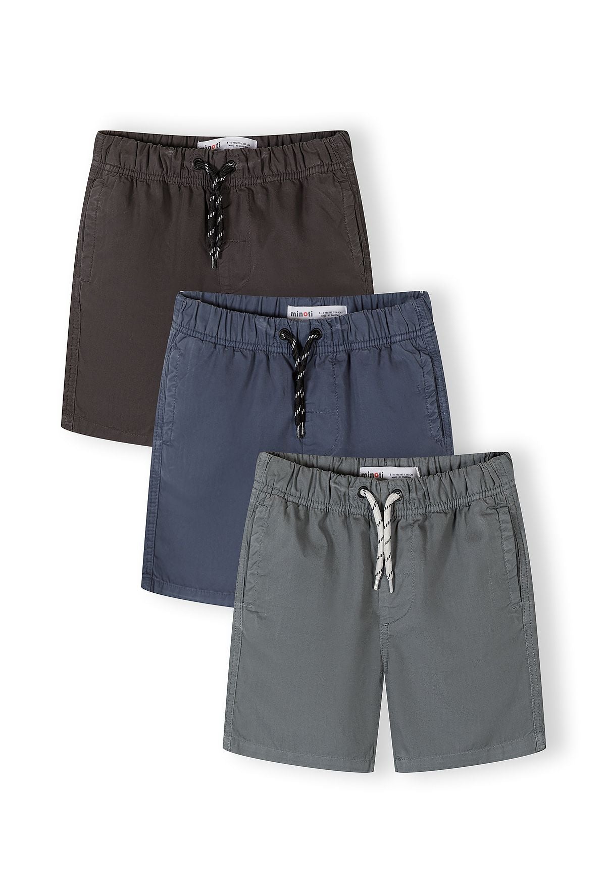 3-pack boys' woven shorts in grey, navy, and blue with elasticated waistband and side pockets.