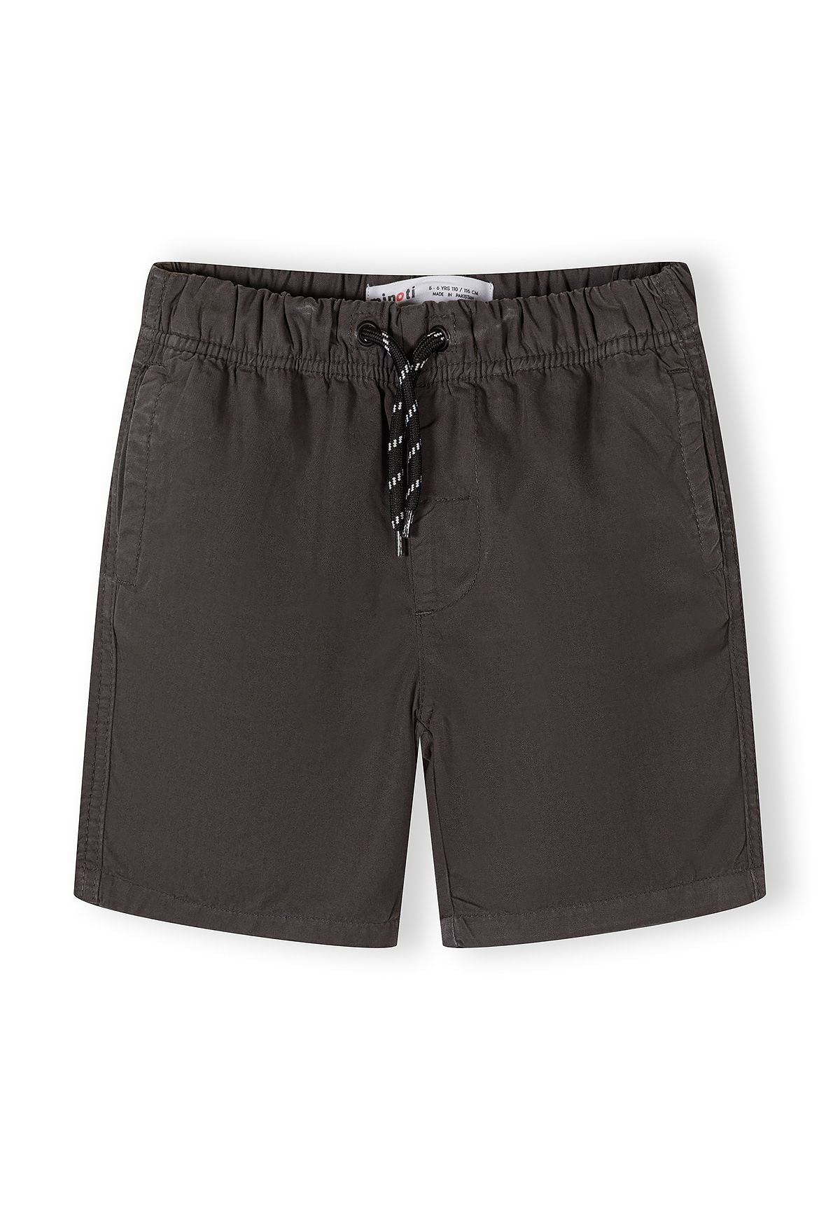 Boys' woven shorts in grey with elasticated waistband and side pockets, front view.