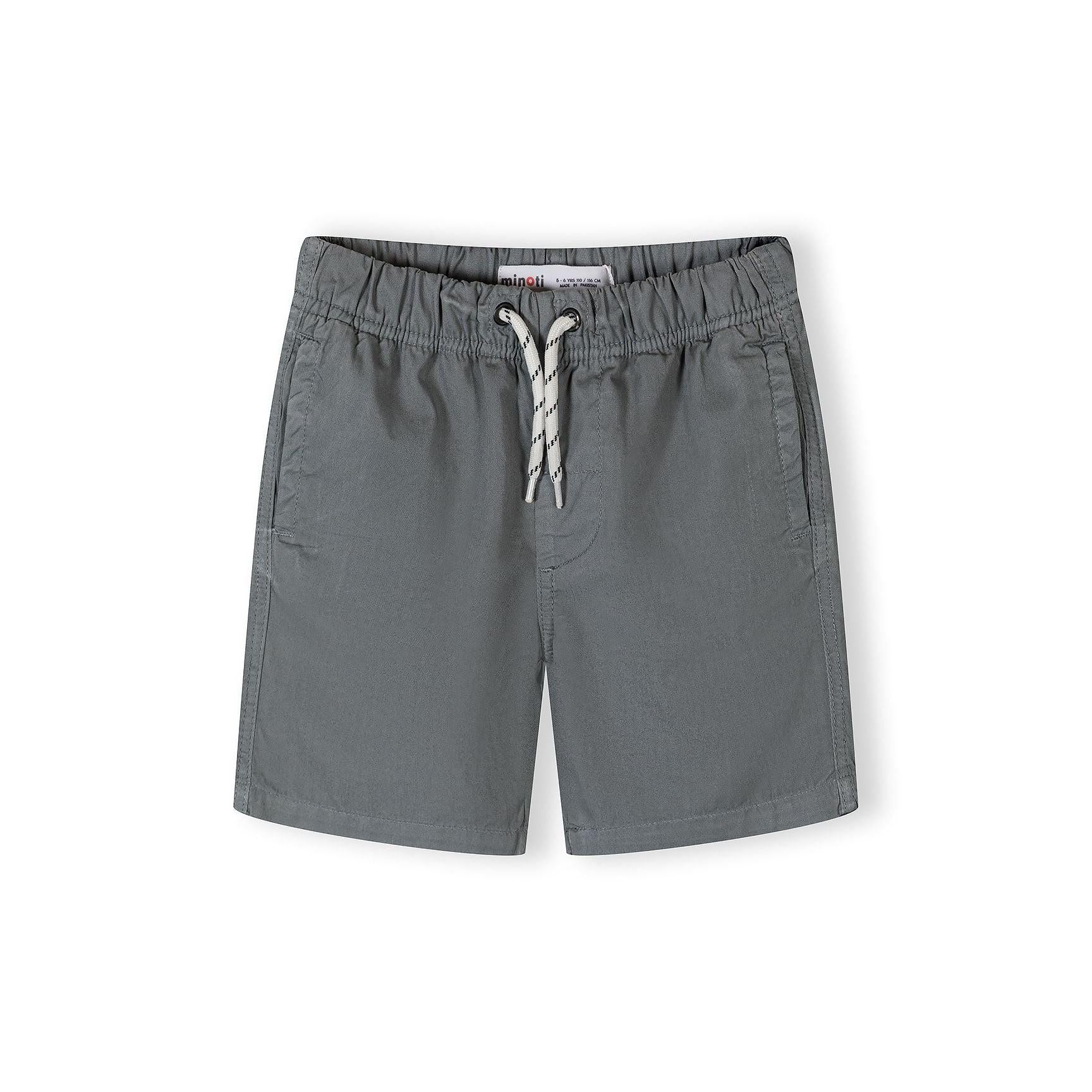 Single grey cotton shorts displayed flat showing elasticated waistband with white drawstring and side pockets on white background