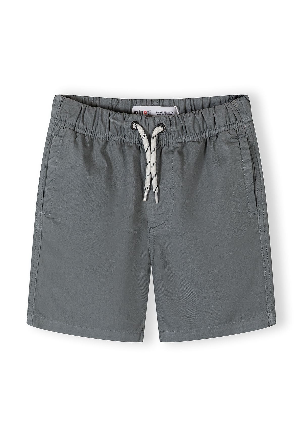 Detail of grey woven shorts with elasticated waistband and two side pockets.
