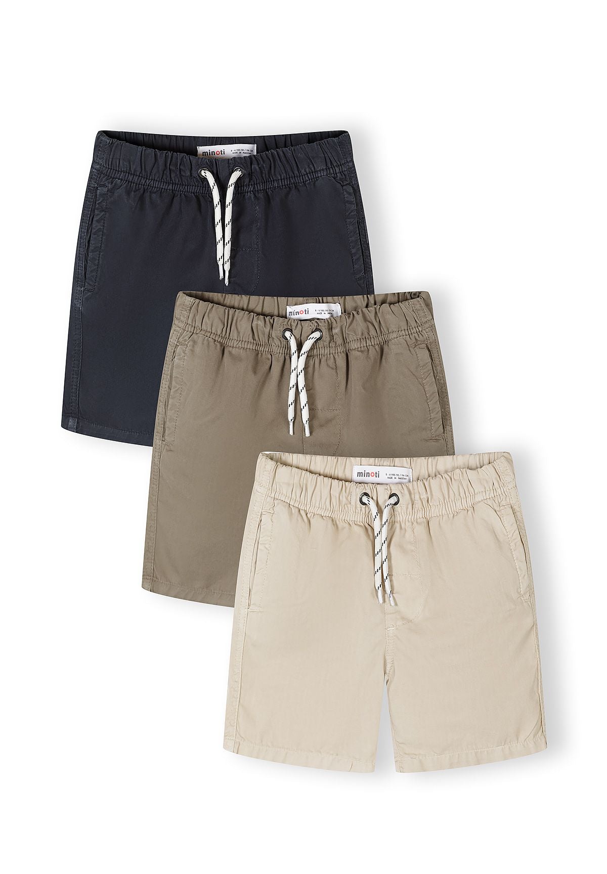 3-pack boys' woven shorts in navy, olive, and beige with elasticated waistbands and side pockets.