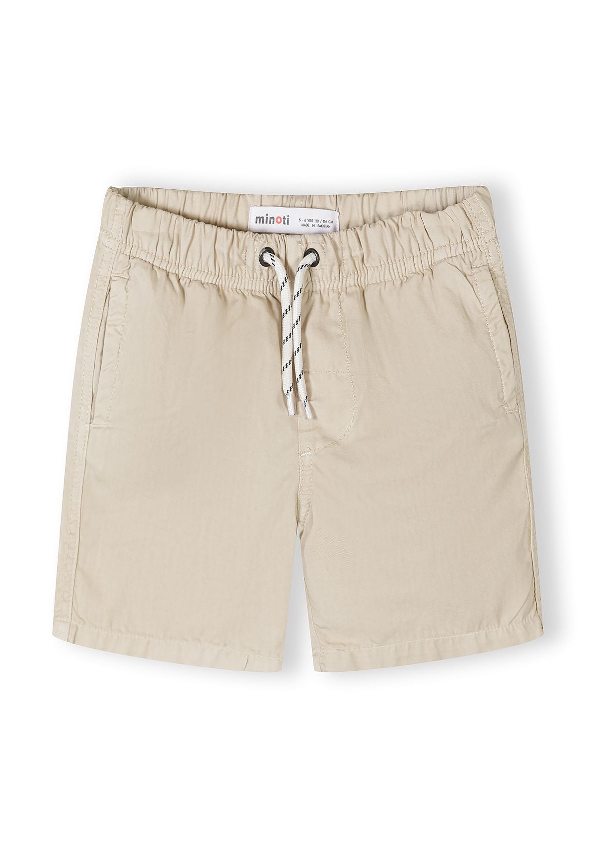 Detail of beige woven cotton shorts with elasticated waistband and side pockets.