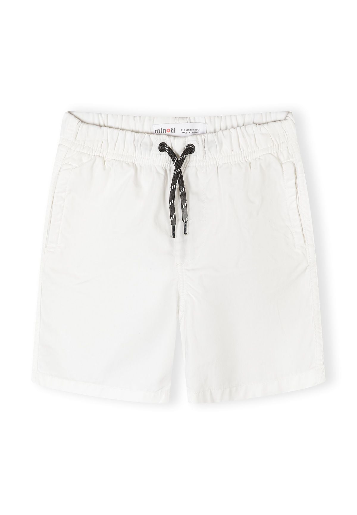 Boys' white woven shorts with elastic waistband and drawstring, front view.