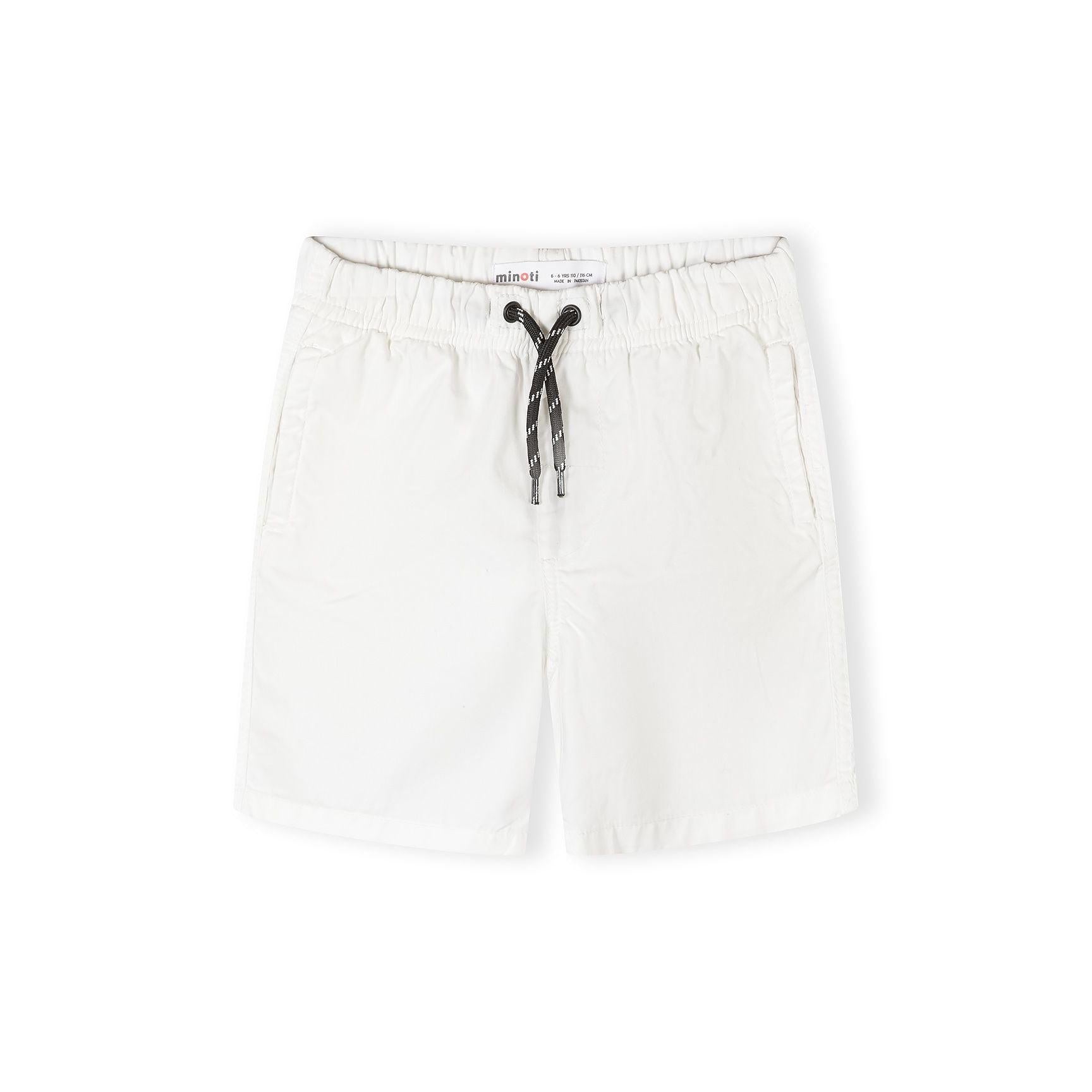 Close-up of navy blue cotton shorts showing front view with elastic waistband and white drawstring ties against white background