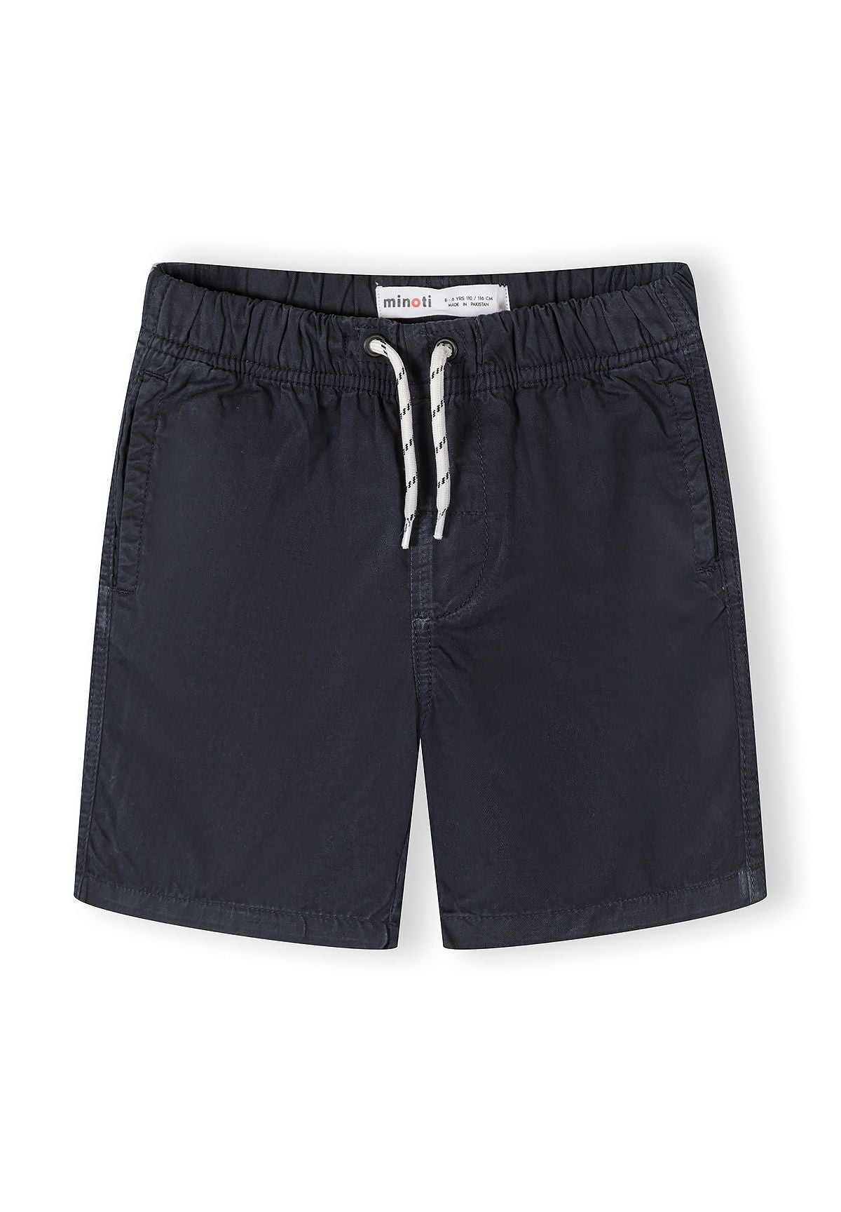 Close-up of navy woven shorts with elastic waistband and drawstring.