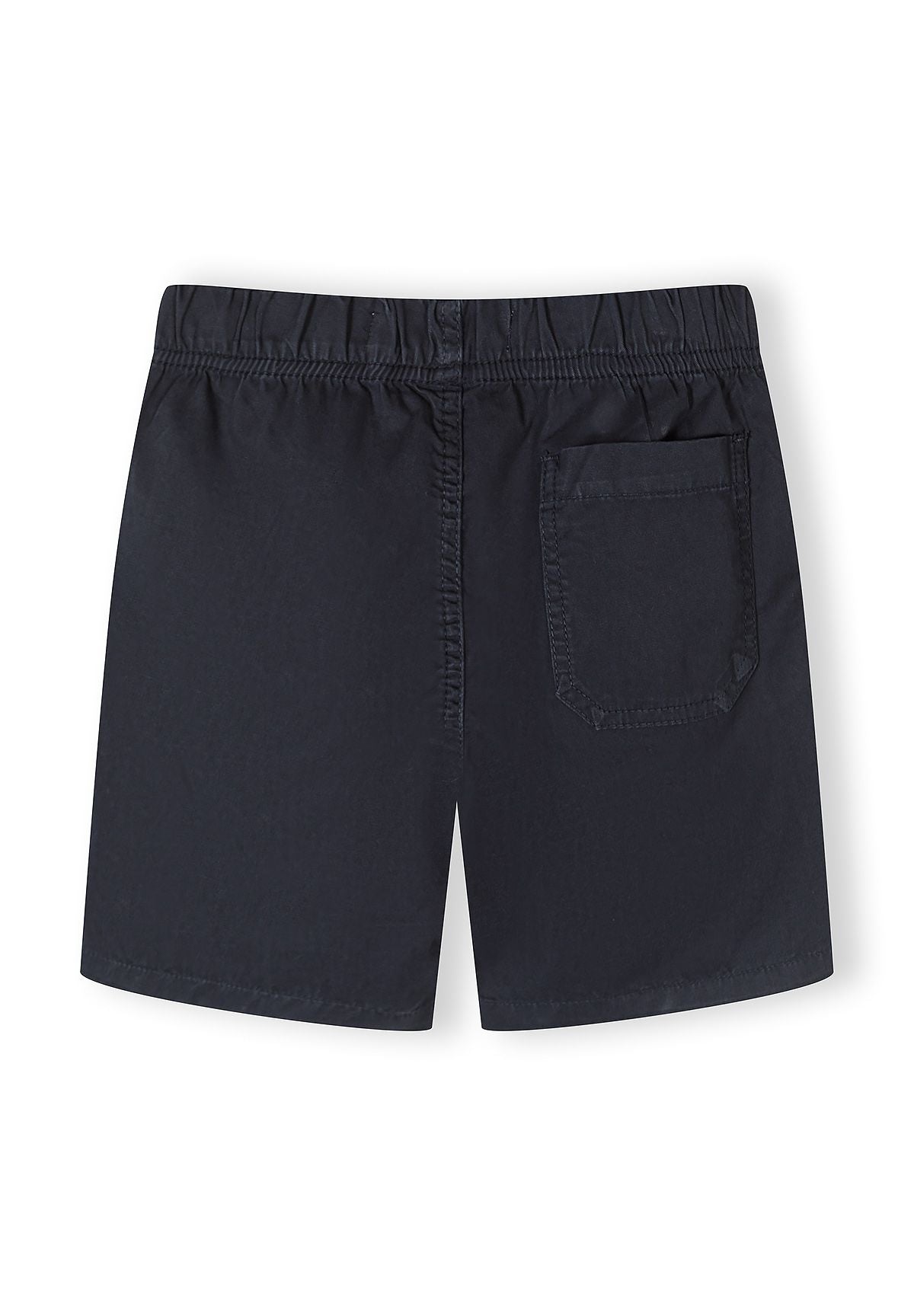 Back view of navy boys' woven shorts with elastic waistband and single back pocket.