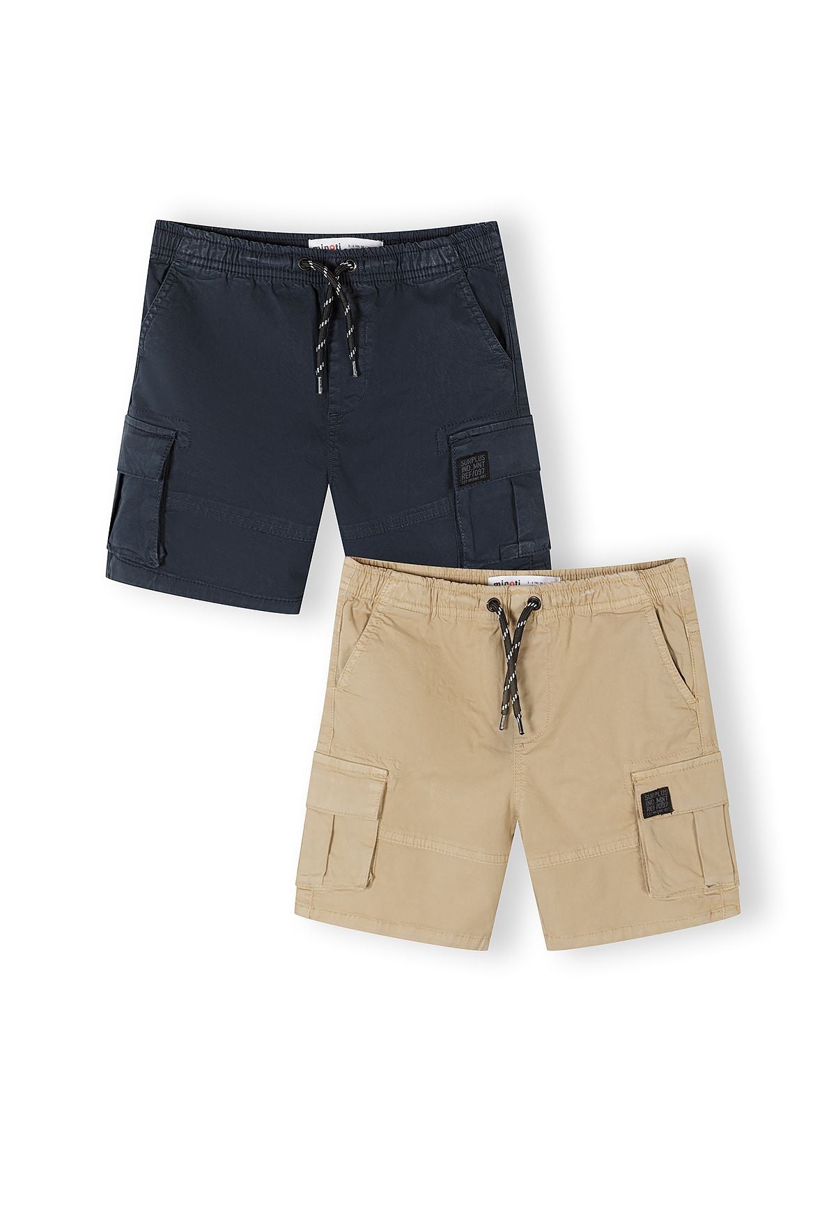 2-pack woven cargo shorts in navy and beige, front view, featuring adjustable waist and cargo pockets.