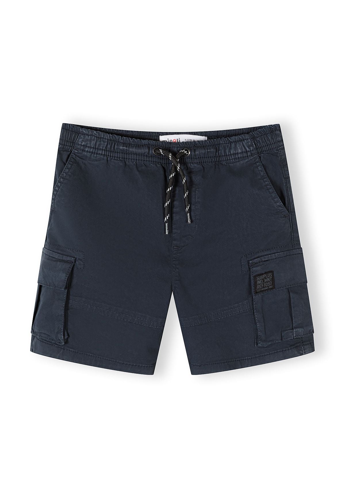 Navy woven cargo shorts with adjustable waist, featuring side pockets and a straight cut.