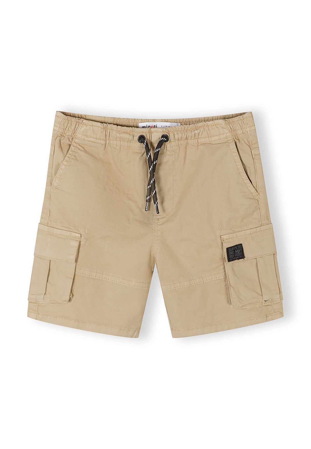 Beige woven cargo shorts with adjustable waist, front view, featuring cargo pockets.