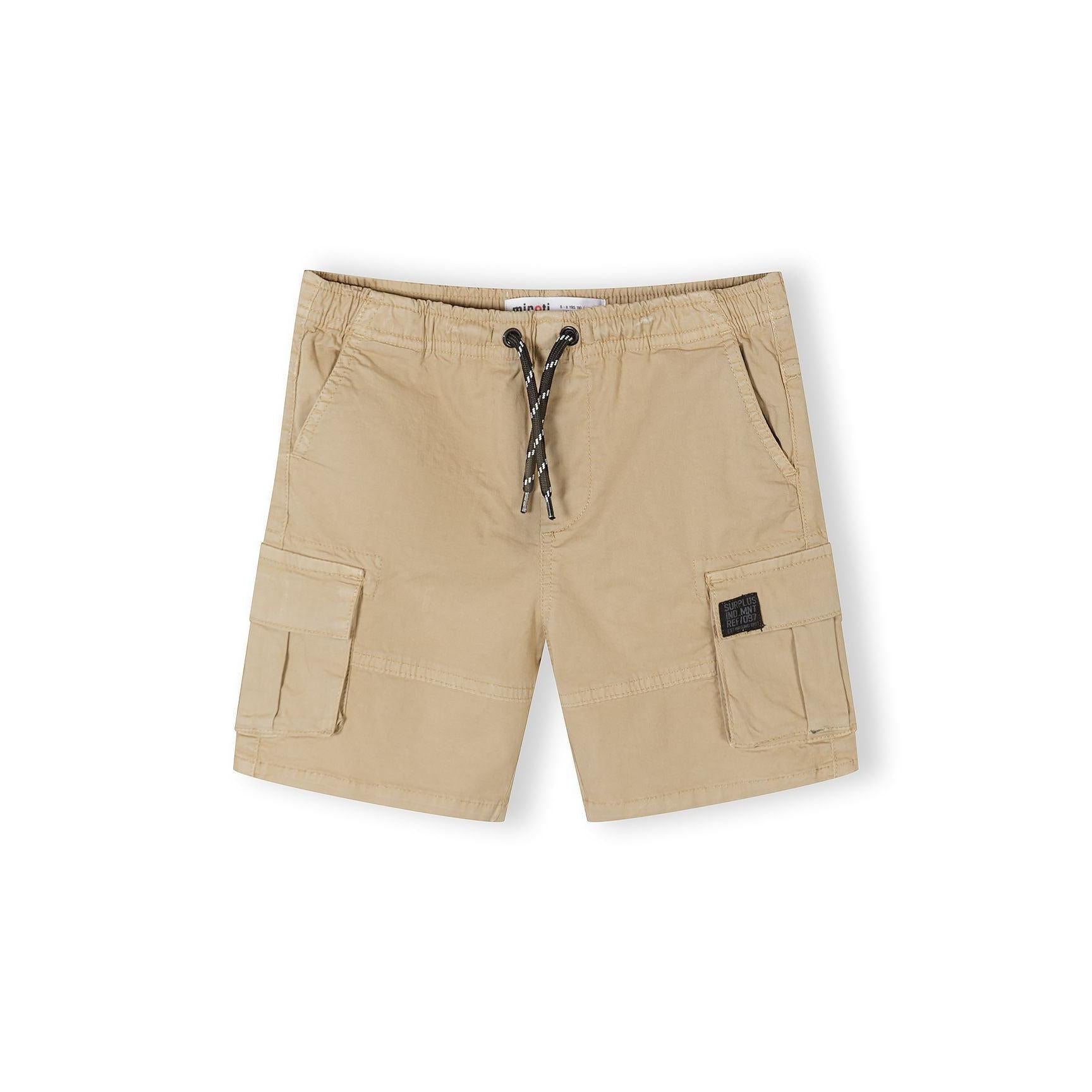 Single beige cargo shorts laid flat showing front view with drawstring waist, side pockets and cargo pocket details